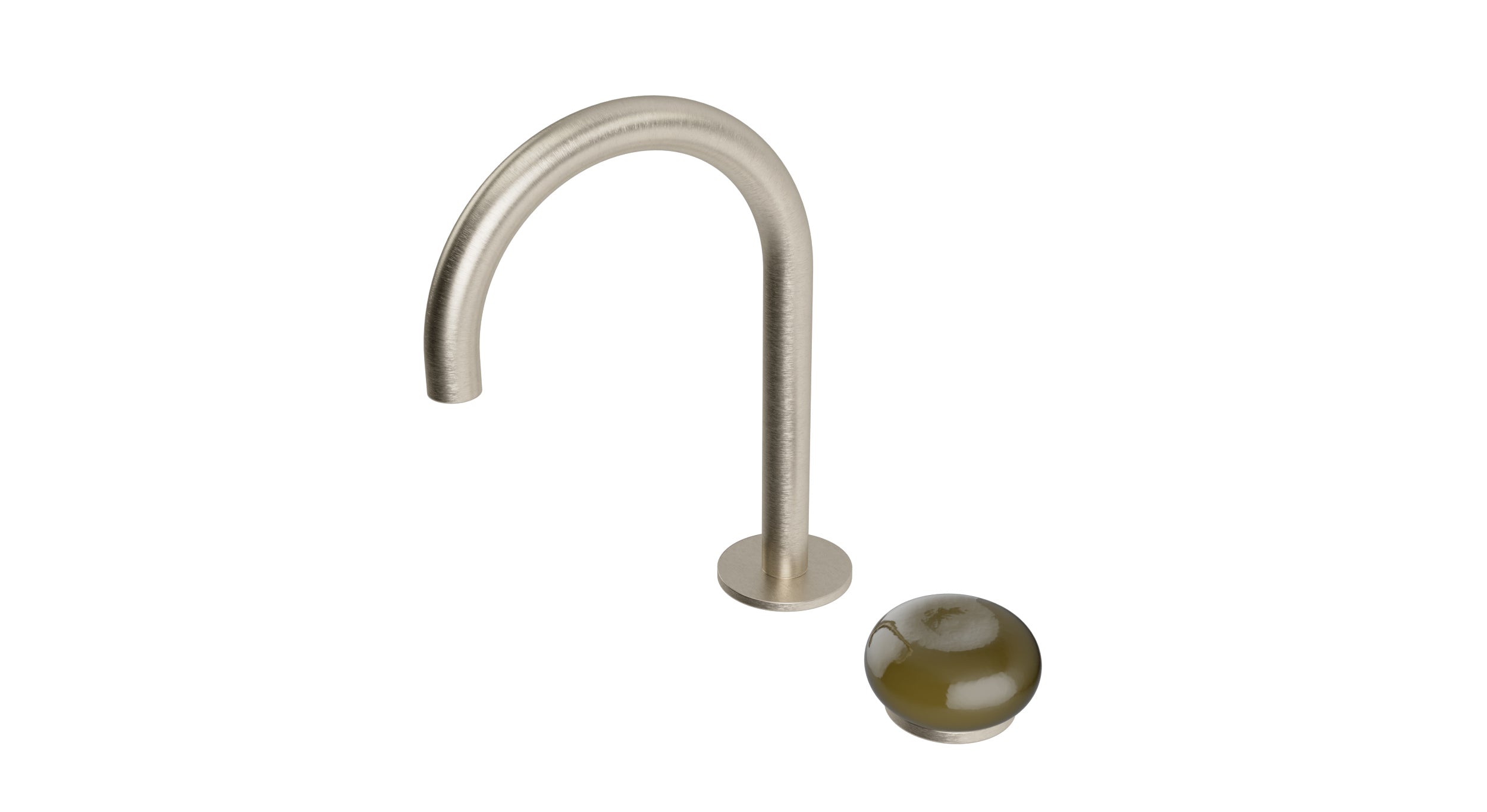 Foundry One Handle Deck Mount Gooseneck Lavatory Faucet with Pebble Ceramic Knob Handle in Satin Nickel