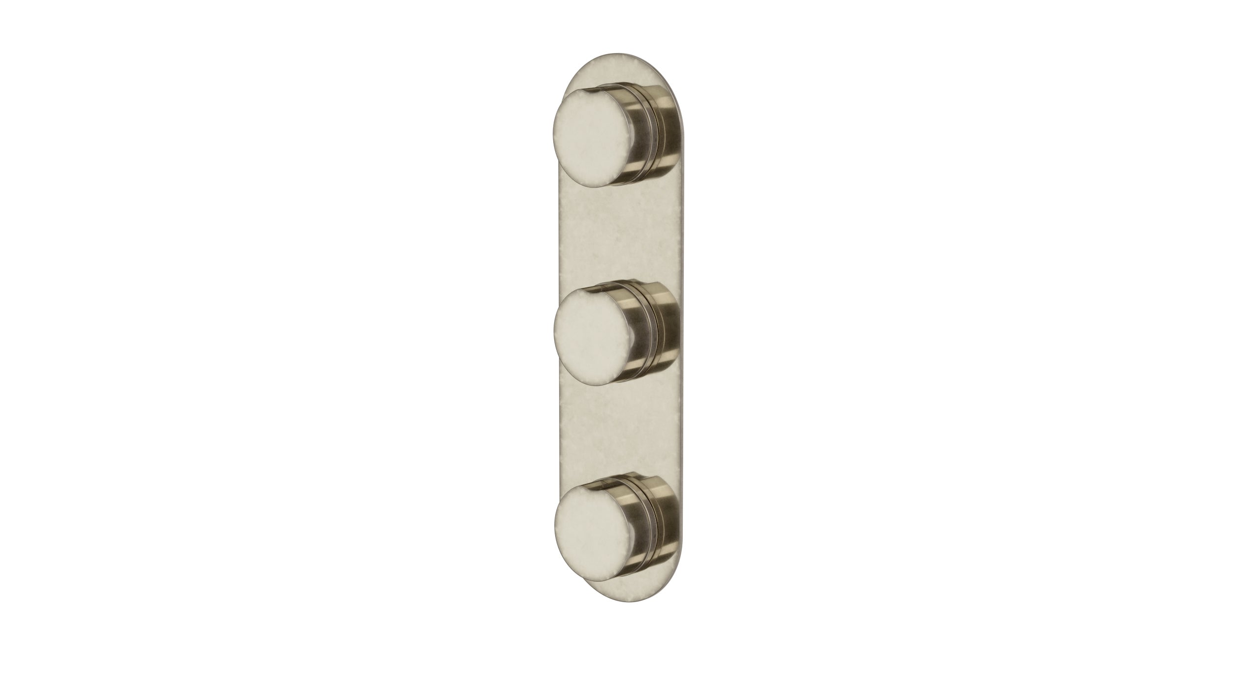 Foundry Three Handle Wall Mount Shower Trim with Barrel Knob Handles in French Nickel