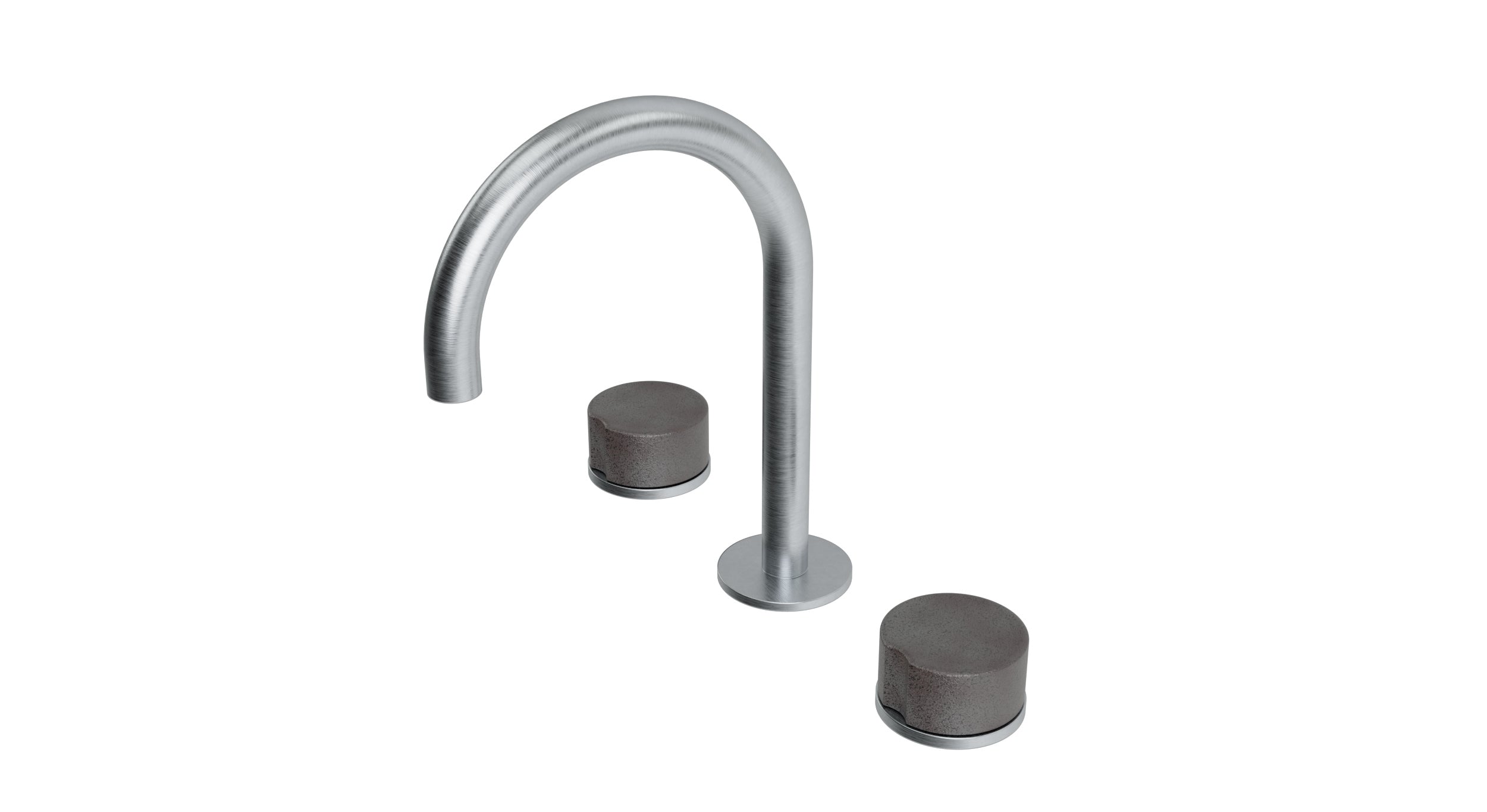 Foundry Two Handle Deck Mount Gooseneck Lavatory Faucet with Groove Ceramic Knob Handles in Satin Chrome