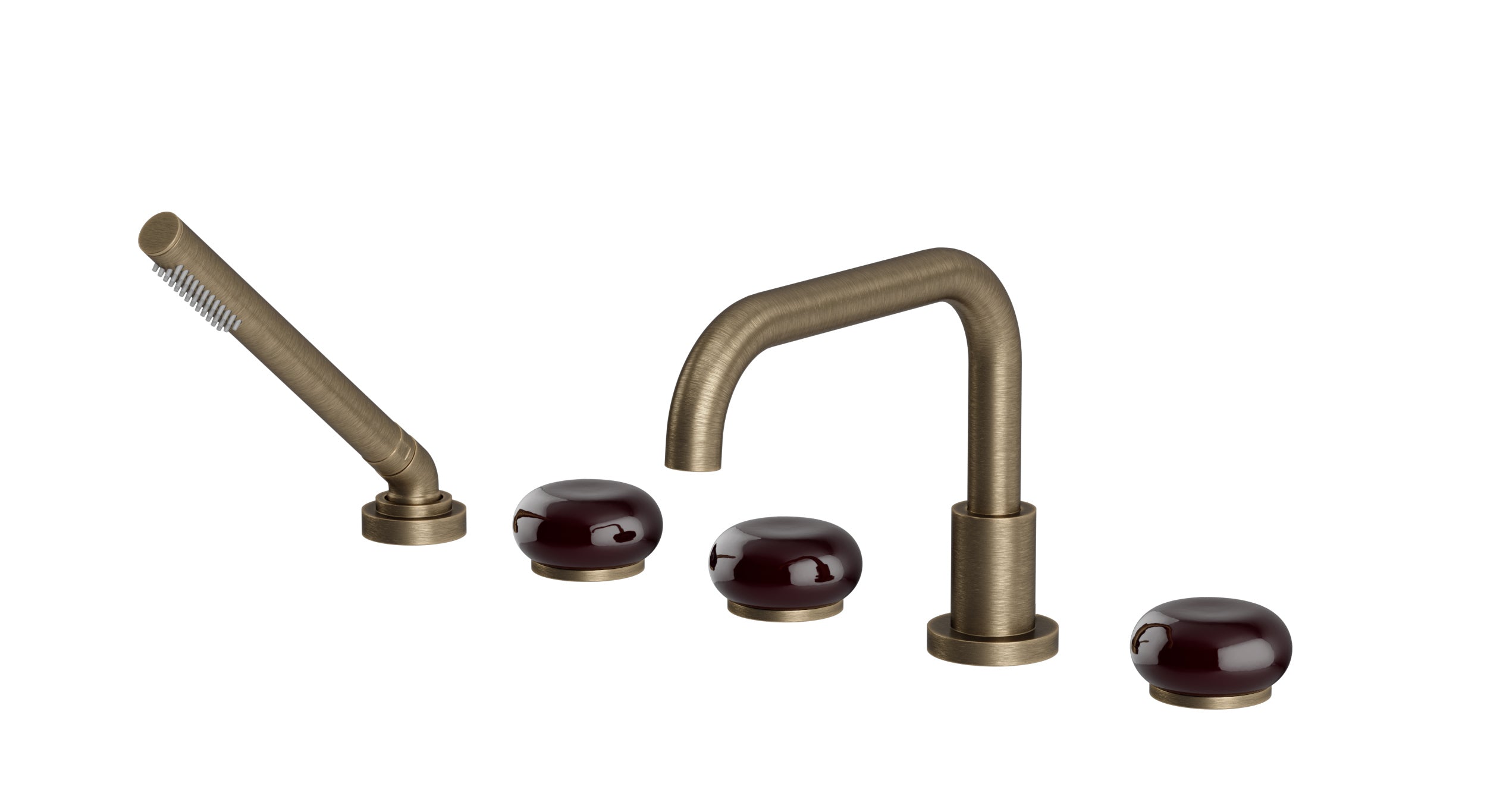 Foundry Three Handle Deck Mount Squaretop Bath Trim with Hand Shower and Pebble Ceramic Knob Handles in Antique Brass