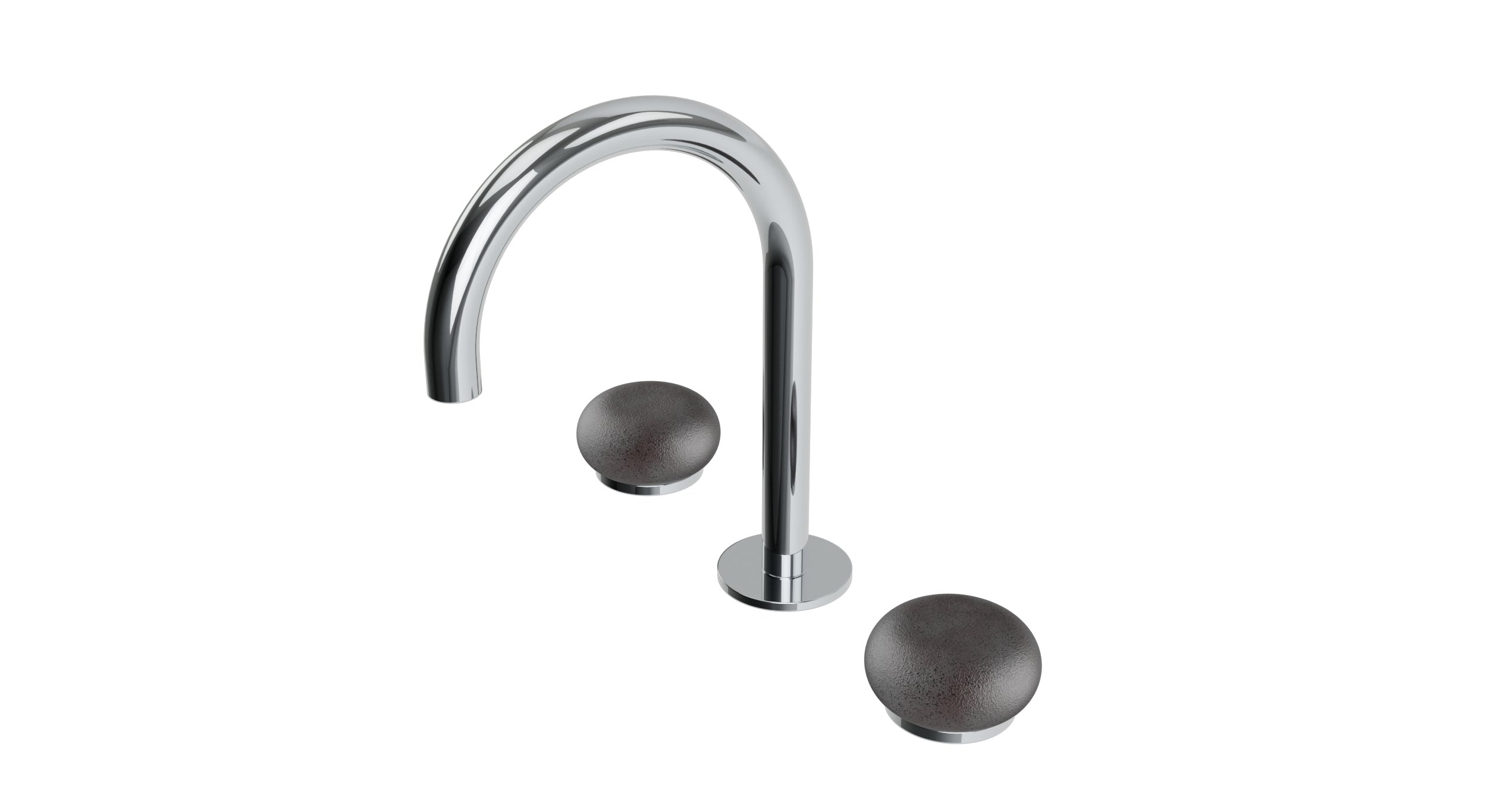Foundry Two Handle Deck Mount Gooseneck Lavatory Faucet with Pebble Ceramic Knob Handles in Polished Chrome