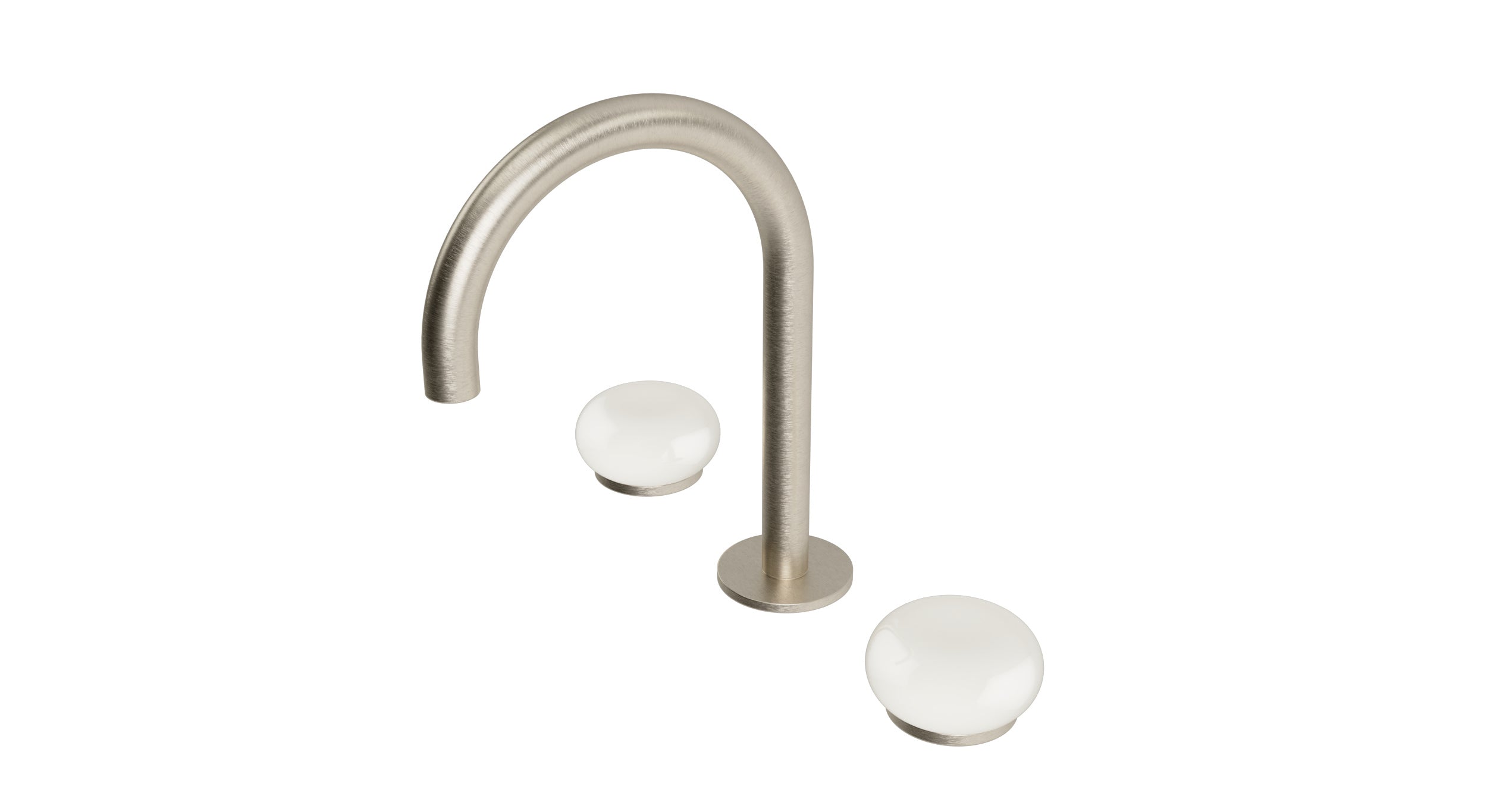 Foundry Two Handle Deck Mount Gooseneck Lavatory Faucet with Pebble Ceramic Knob Handles in Satin Nickel