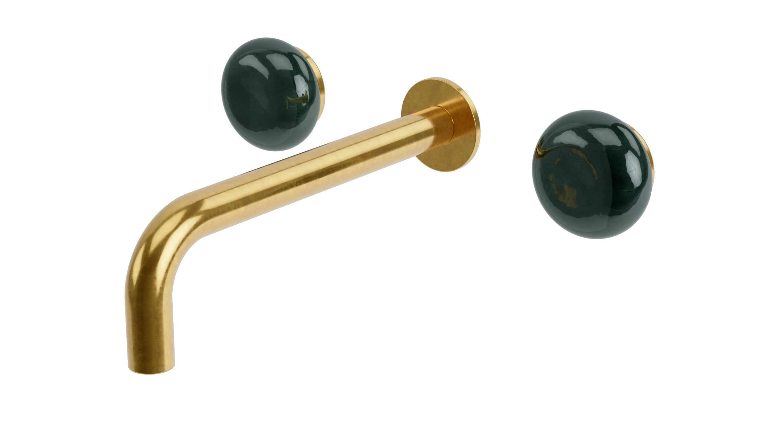 Foundry Two Handle Wall Mount 7.5" Lavatory Faucet with Pebble Ceramic Knob Handles in French Brass