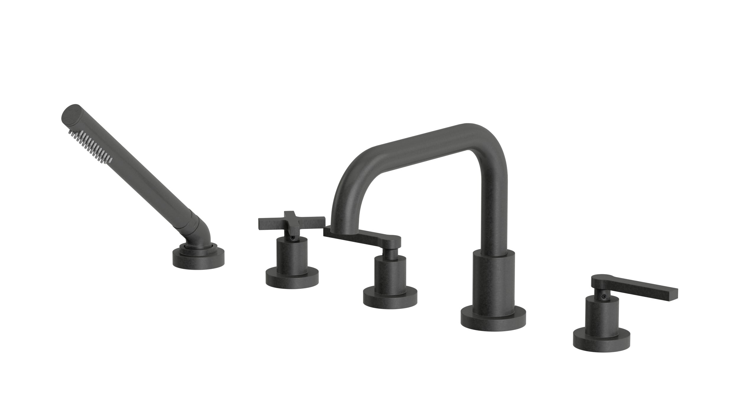 Flatiron Three Handle Deck Mount Squaretop Bath Trim with Hand Shower and Linear Cross/Linear Lever Handles in Blackened Nickel