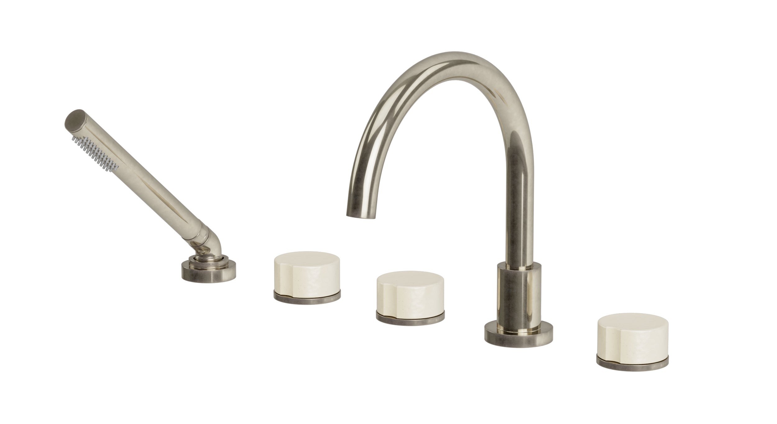 Foundry Three Handle Deck Mount Gooseneck Bath Trim with Hand Shower and Groove Ceramic Knob Handles in French Nickel