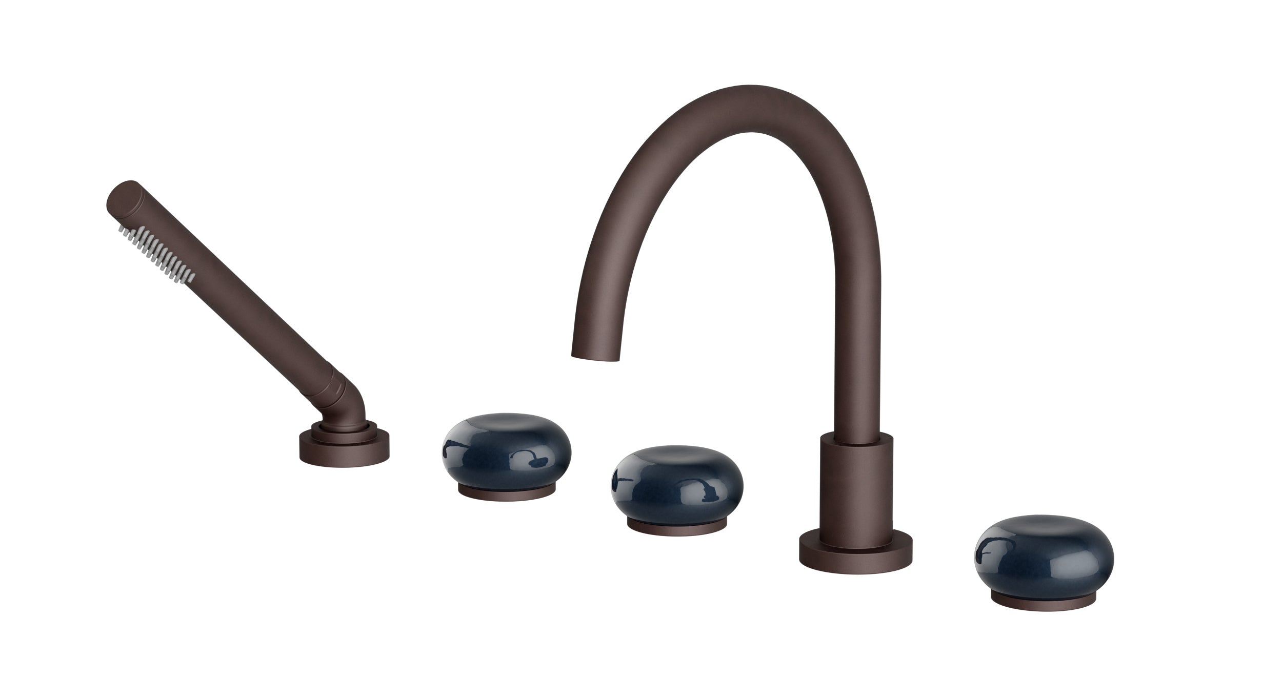 Foundry Three Handle Deck Mount Gooseneck Bath Trim with Hand Shower and Pebble Ceramic Knob Handles in Architectural Copper