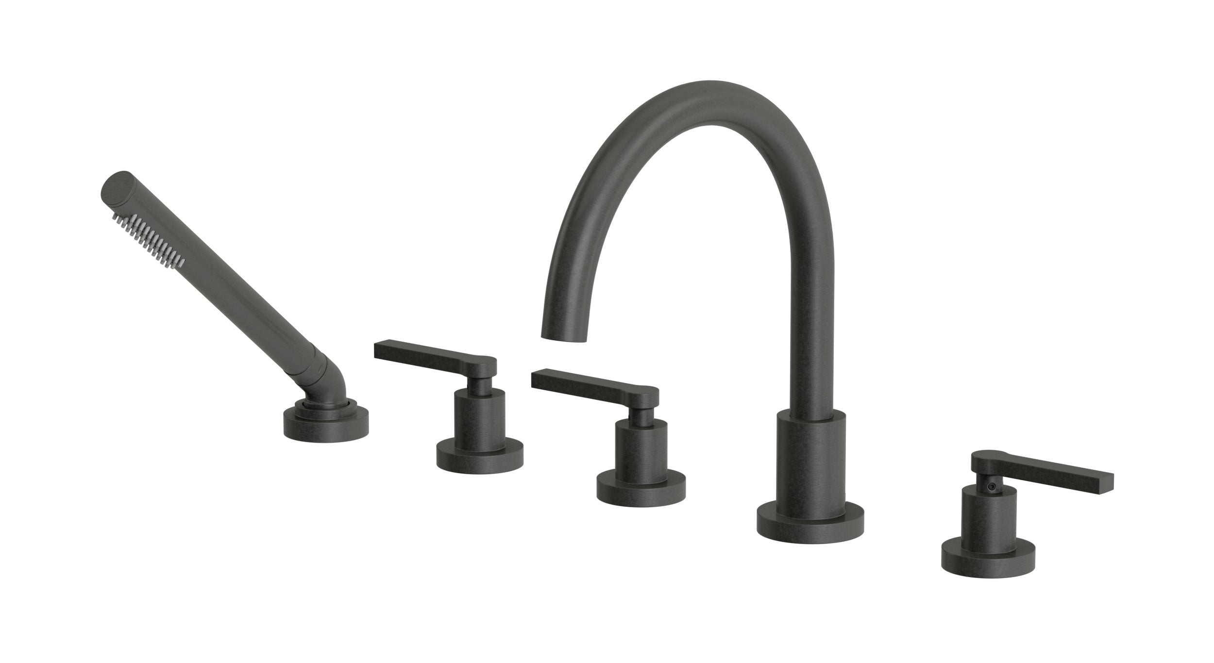Flatiron Three Handle Deck Mount Gooseneck Bath Trim with Hand Shower and Linear Lever Handles in Blackened Nickel