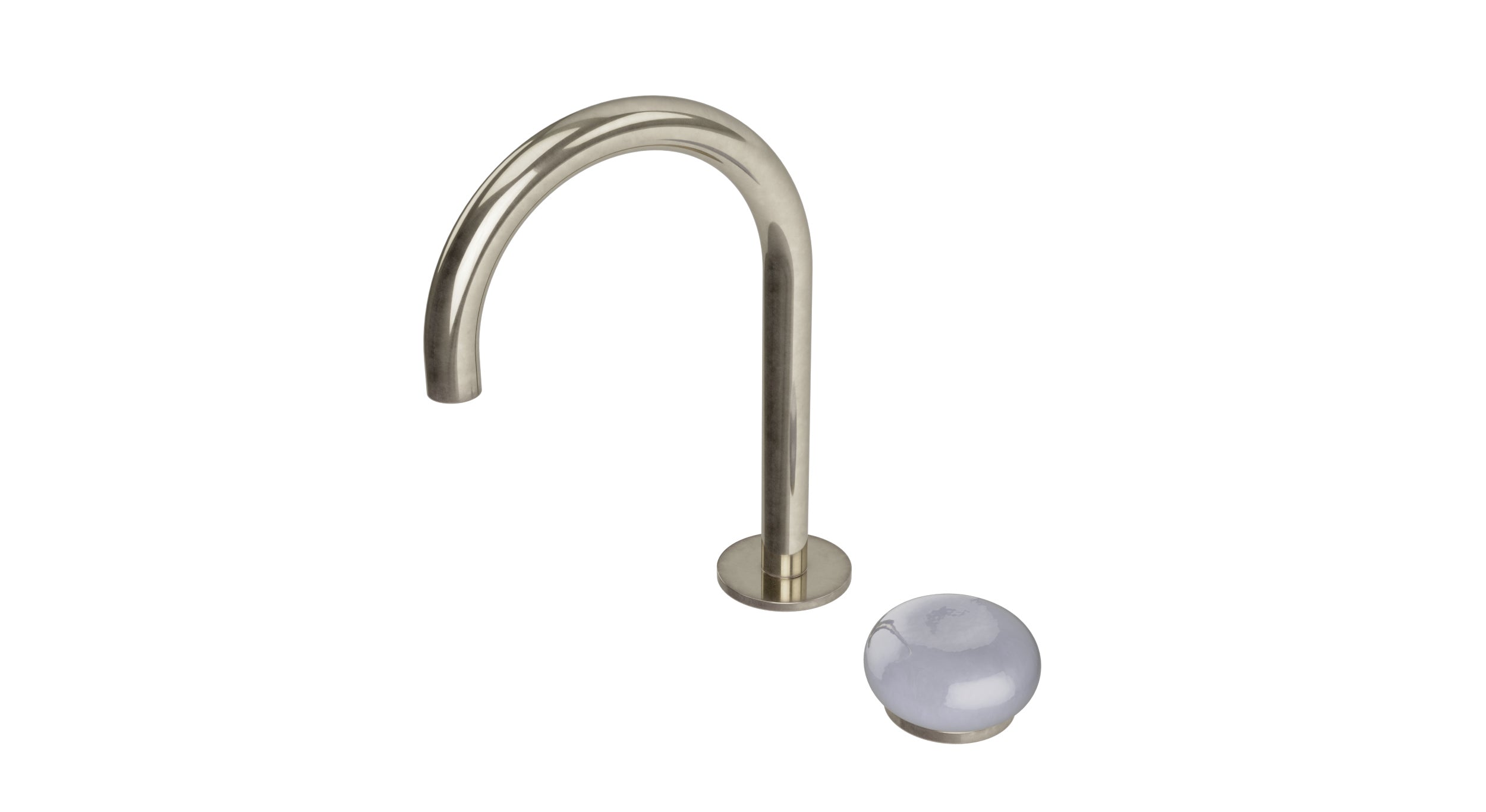 Foundry One Handle Deck Mount Gooseneck Lavatory Faucet with Pebble Ceramic Knob Handle in French Nickel