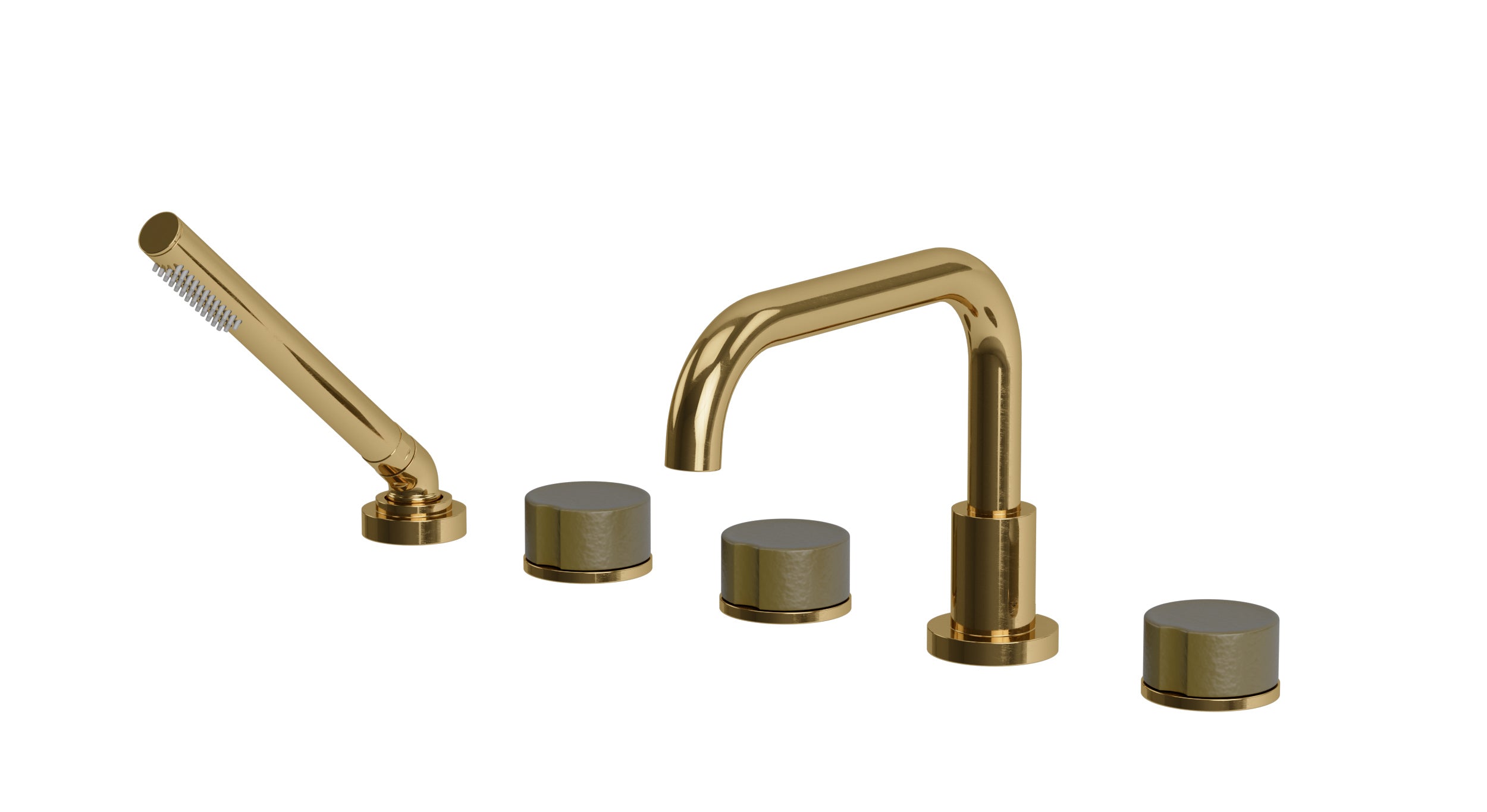 Foundry Three Handle Deck Mount Squaretop Bath Trim with Hand Shower and Groove Ceramic Knob Handles in Uncoated Polished Brass