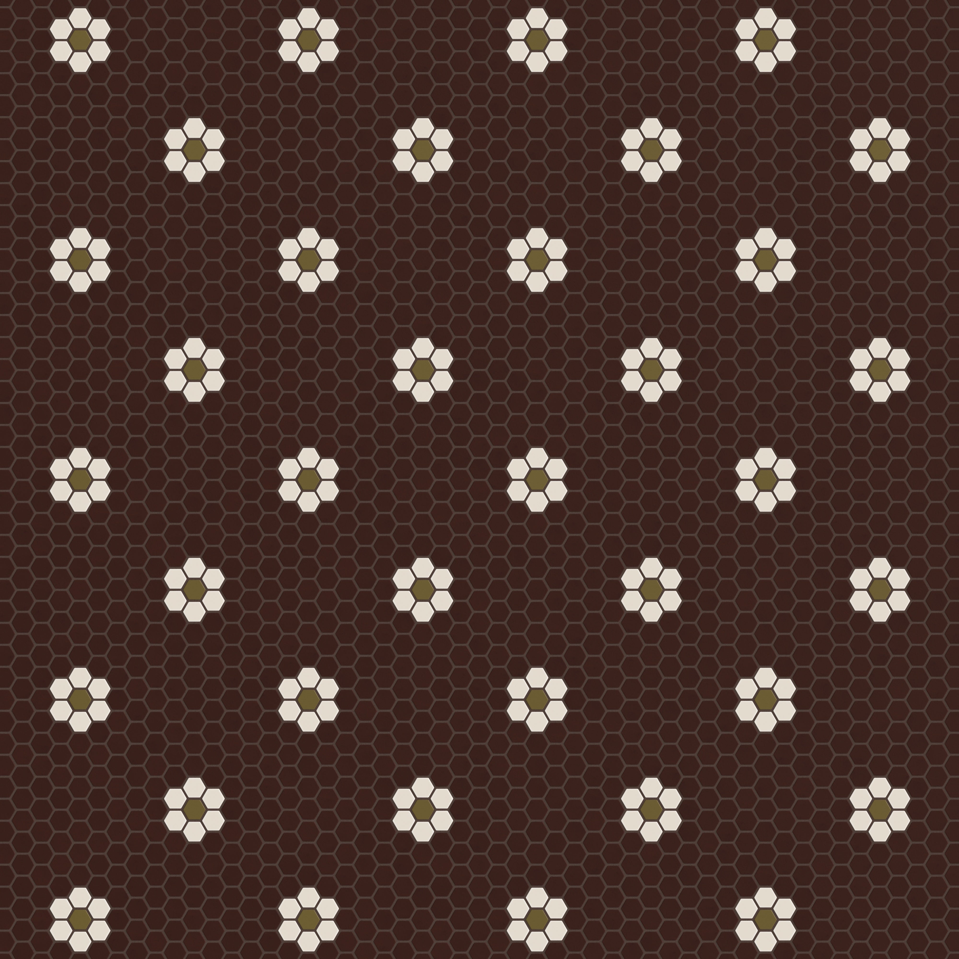 1" Hexagon Double Daisy Sheeted Original Ceramic Tile in Garnet Matte, Sand Dune Matte & Chaparral Matte