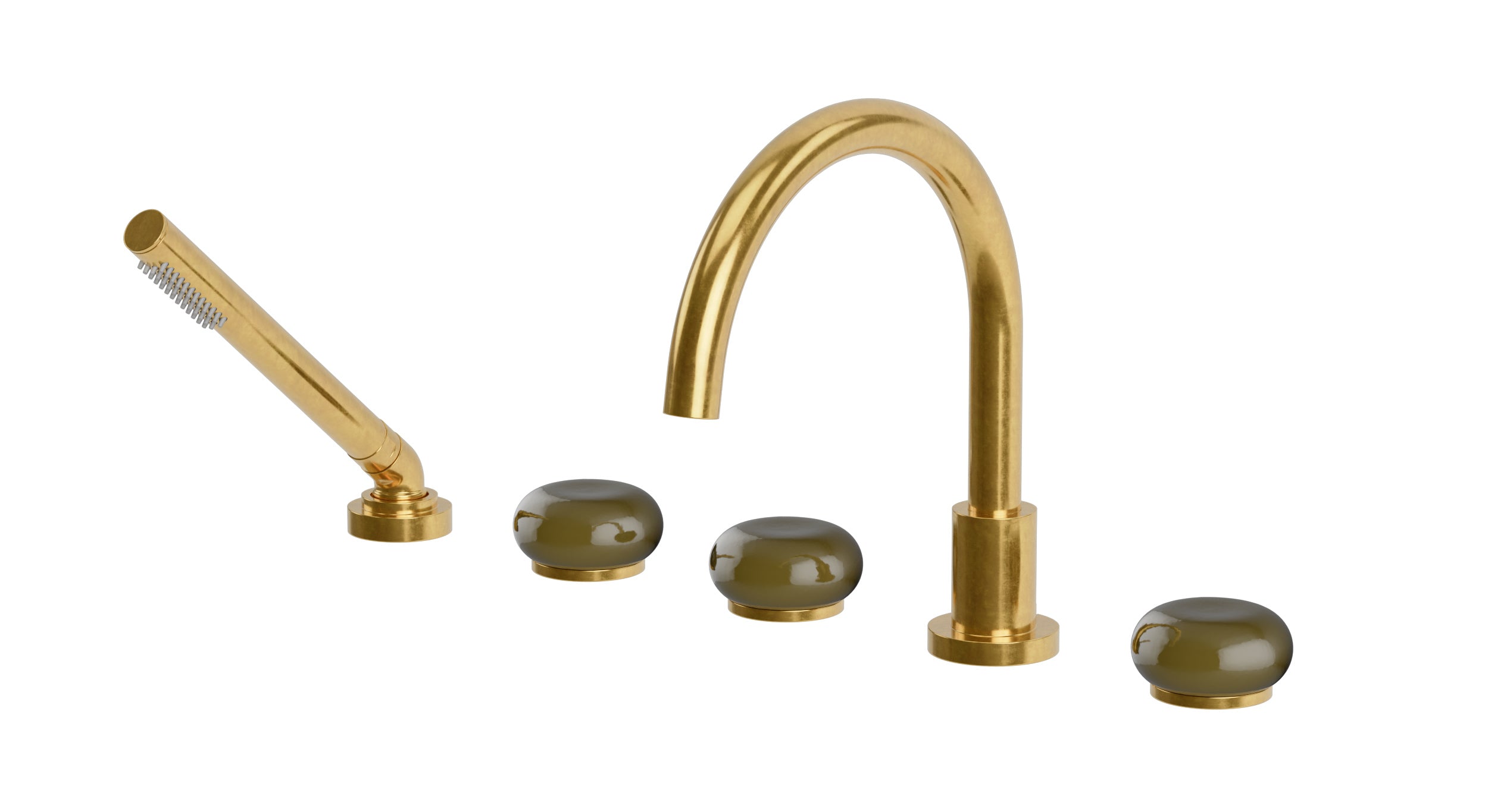 Foundry Three Handle Deck Mount Gooseneck Bath Trim with Hand Shower and Pebble Ceramic Knob Handles in French Brass