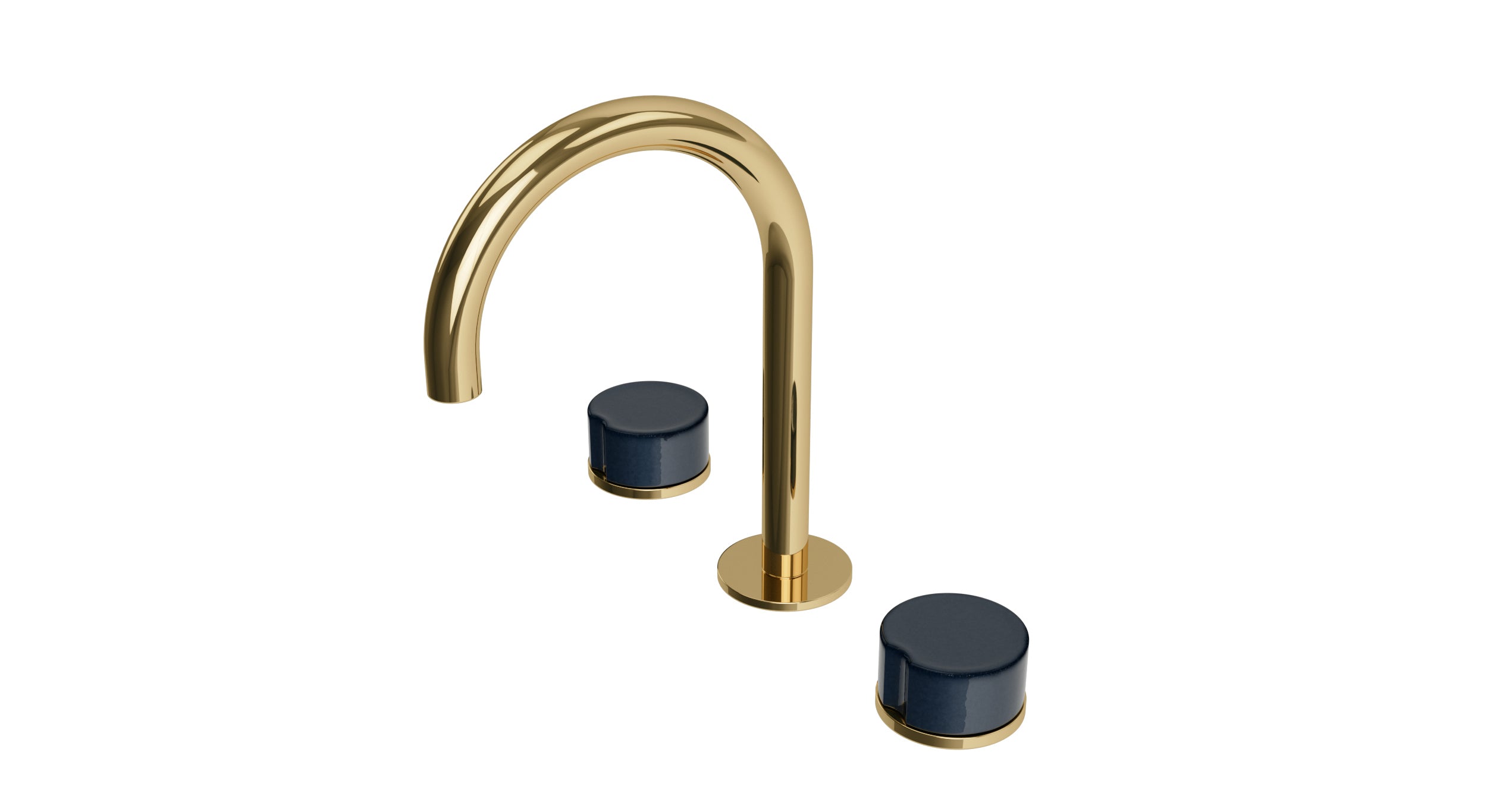 Foundry Two Handle Deck Mount Gooseneck Lavatory Faucet with Groove Ceramic Knob Handles in Polished Brass