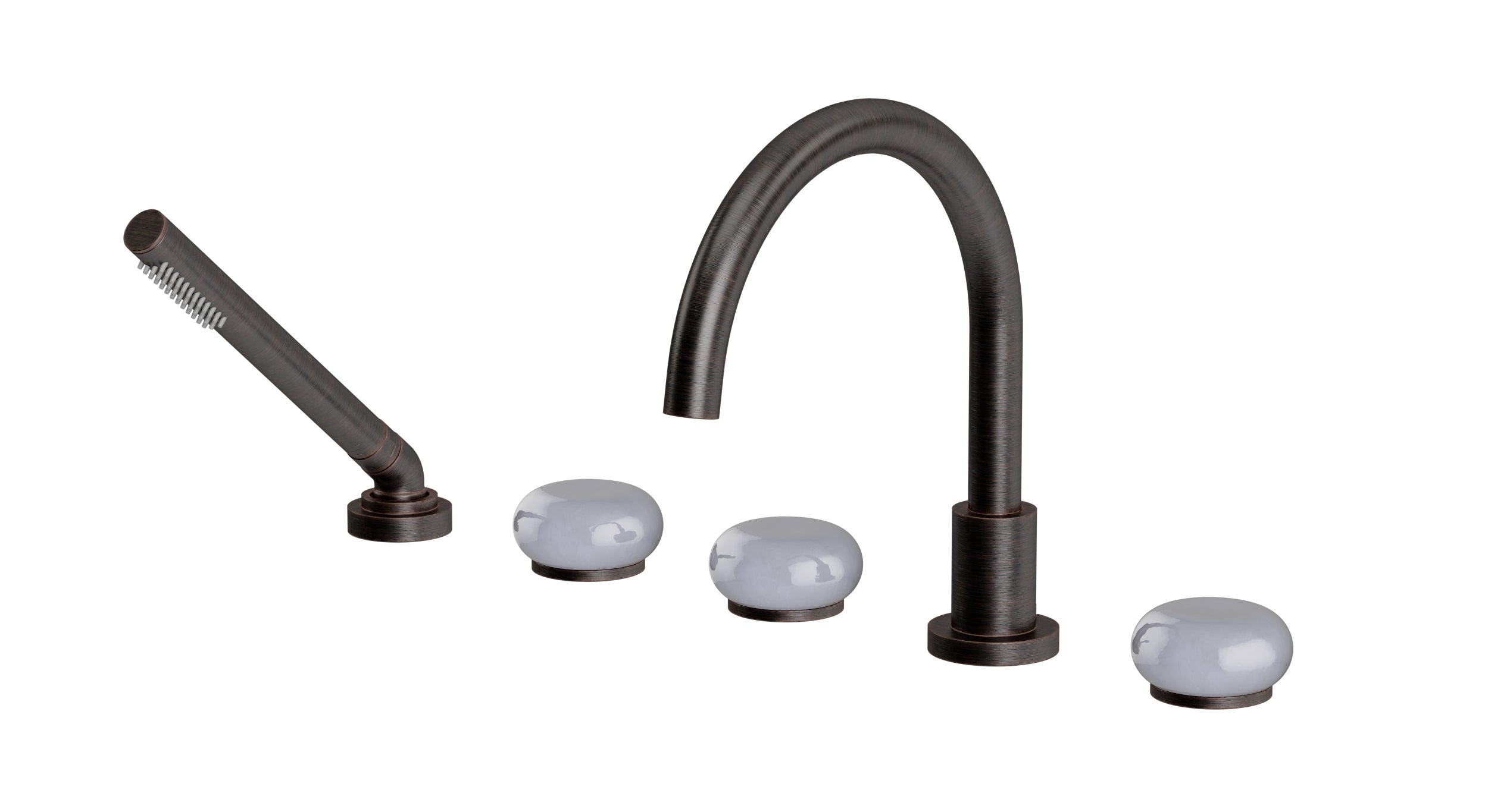 Foundry Three Handle Deck Mount Gooseneck Bath Trim with Hand Shower and Pebble Ceramic Knob Handles in Antique Bronze