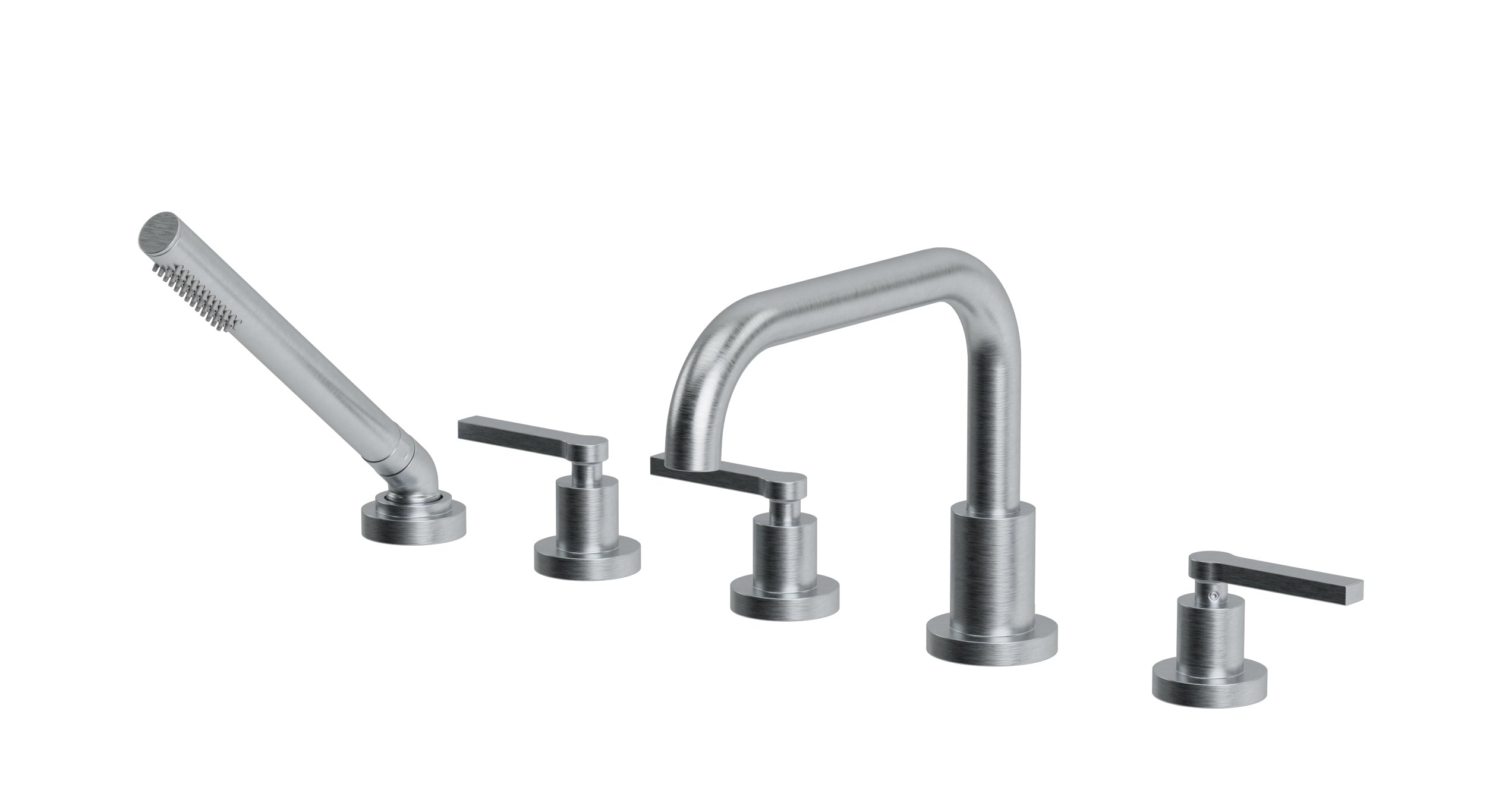 Flatiron Three Handle Deck Mount Squaretop Bath Trim with Hand Shower and Linear Lever Handles in Satin Chrome