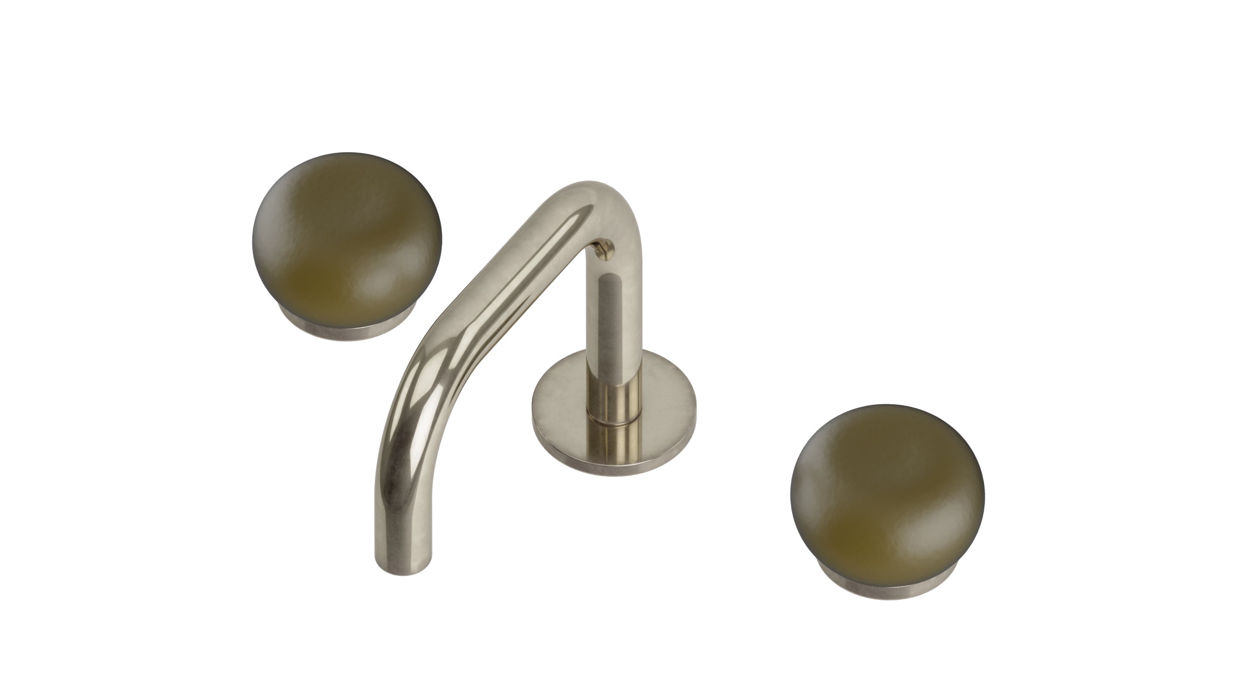 Foundry Two Handle Deck Mount Squaretop Lavatory Faucet with Pebble Ceramic Knob Handles in French Nickel