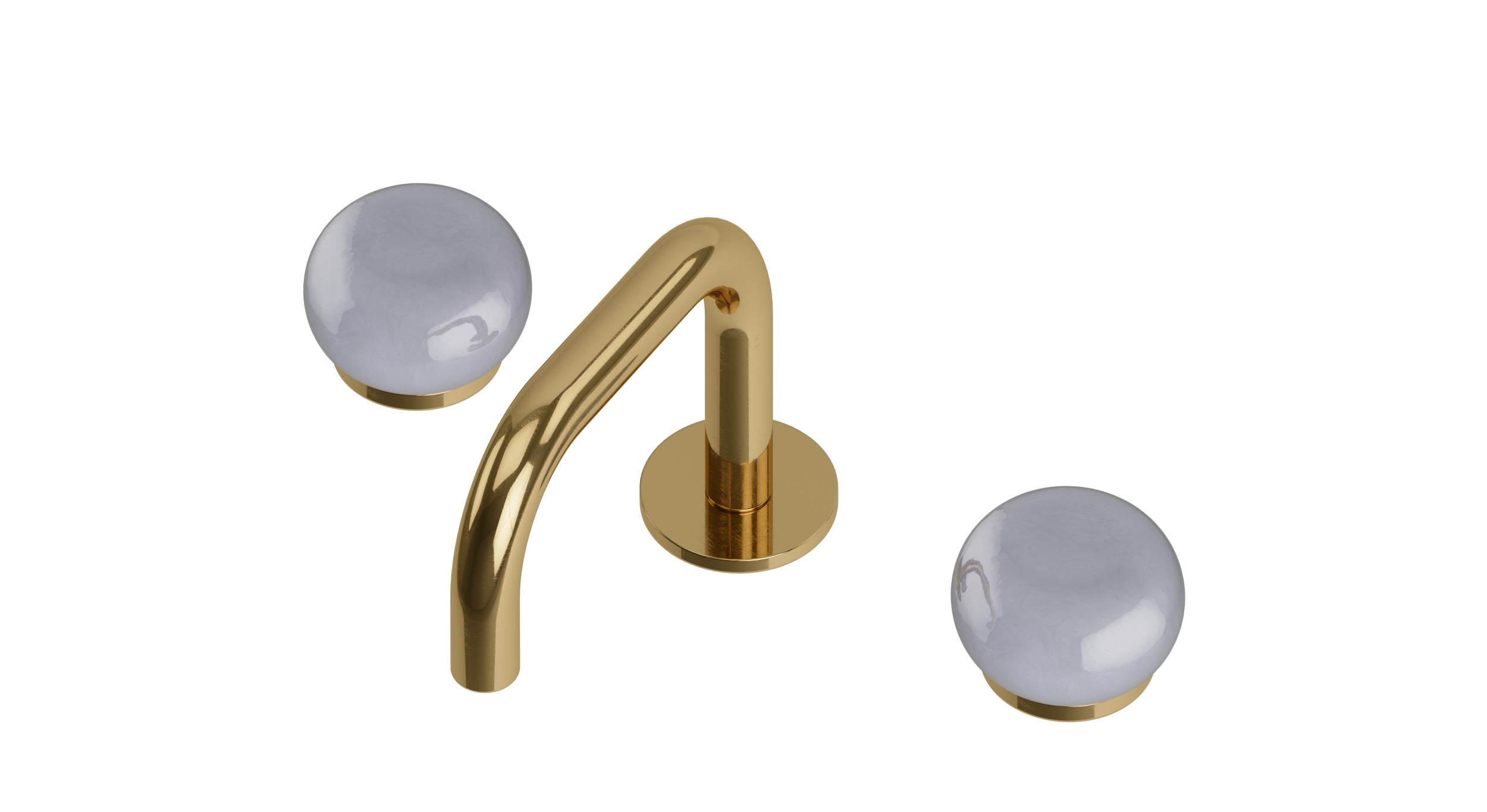 Foundry Two Handle Deck Mount Squaretop Lavatory Faucet with Pebble Ceramic Knob Handles in Uncoated Polished Brass