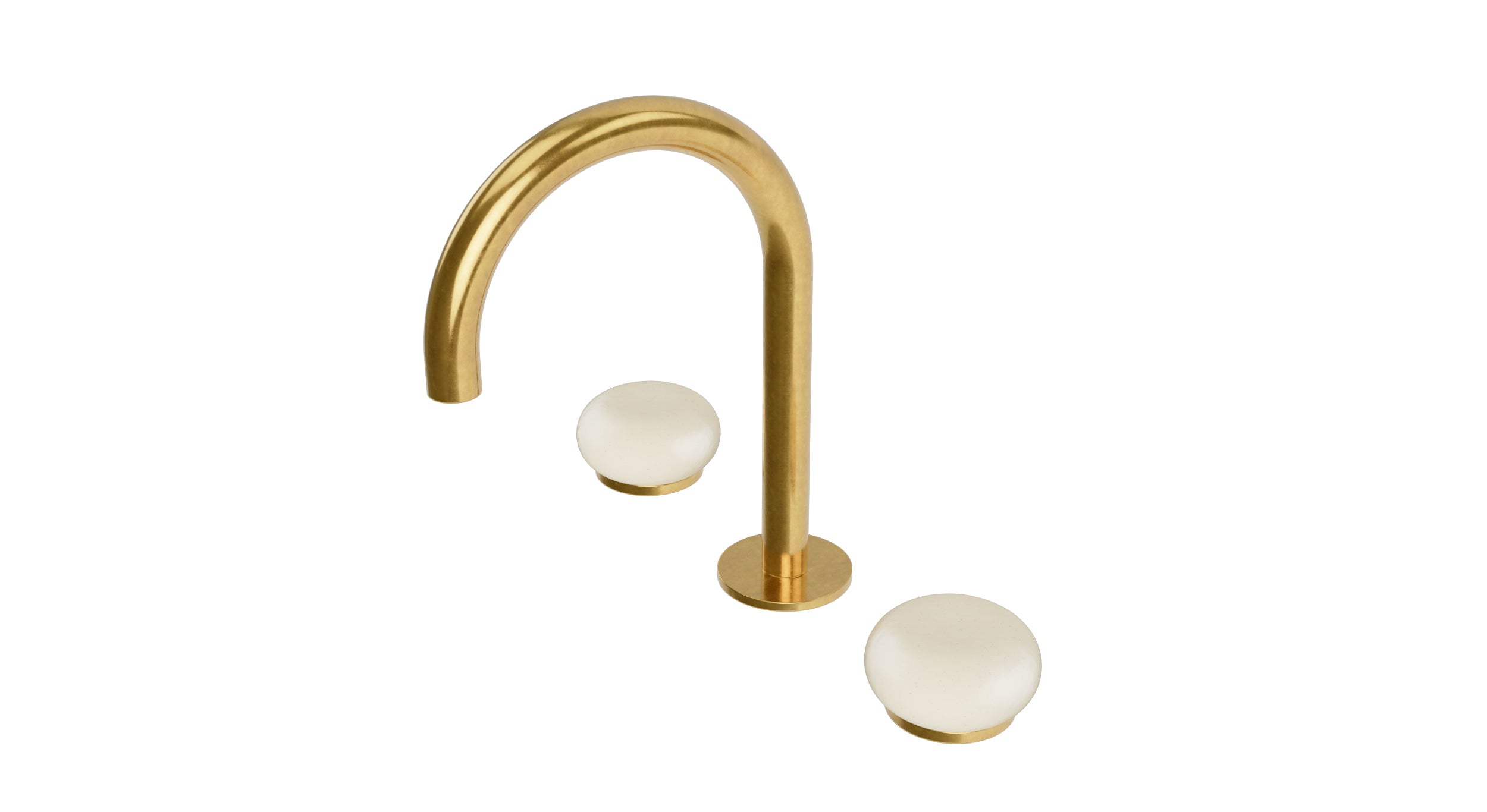 Foundry Two Handle Deck Mount Gooseneck Lavatory Faucet with Pebble Ceramic Knob Handles in French Brass