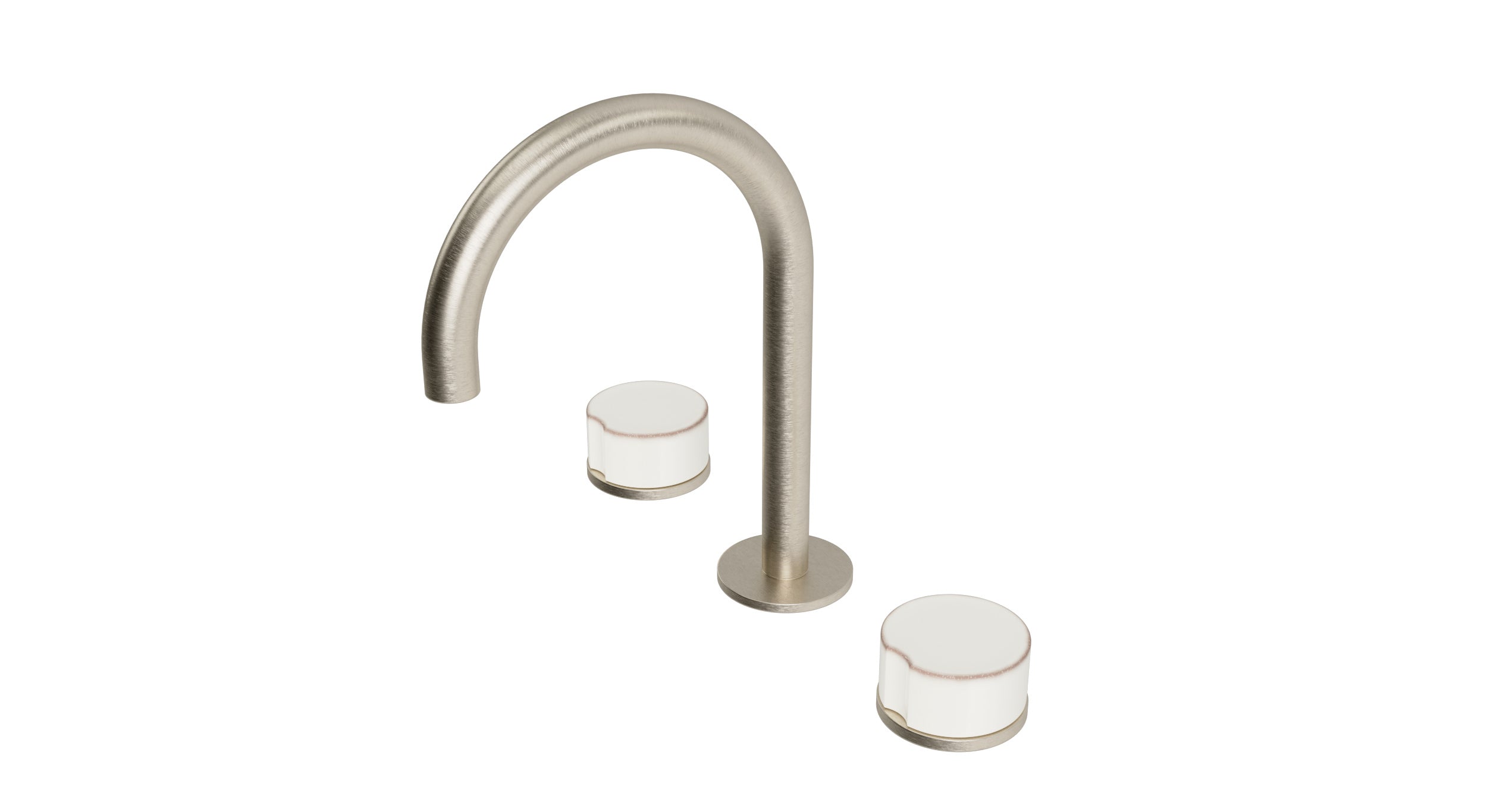Foundry Two Handle Deck Mount Gooseneck Lavatory Faucet with Groove Ceramic Knob Handles in Satin Nickel