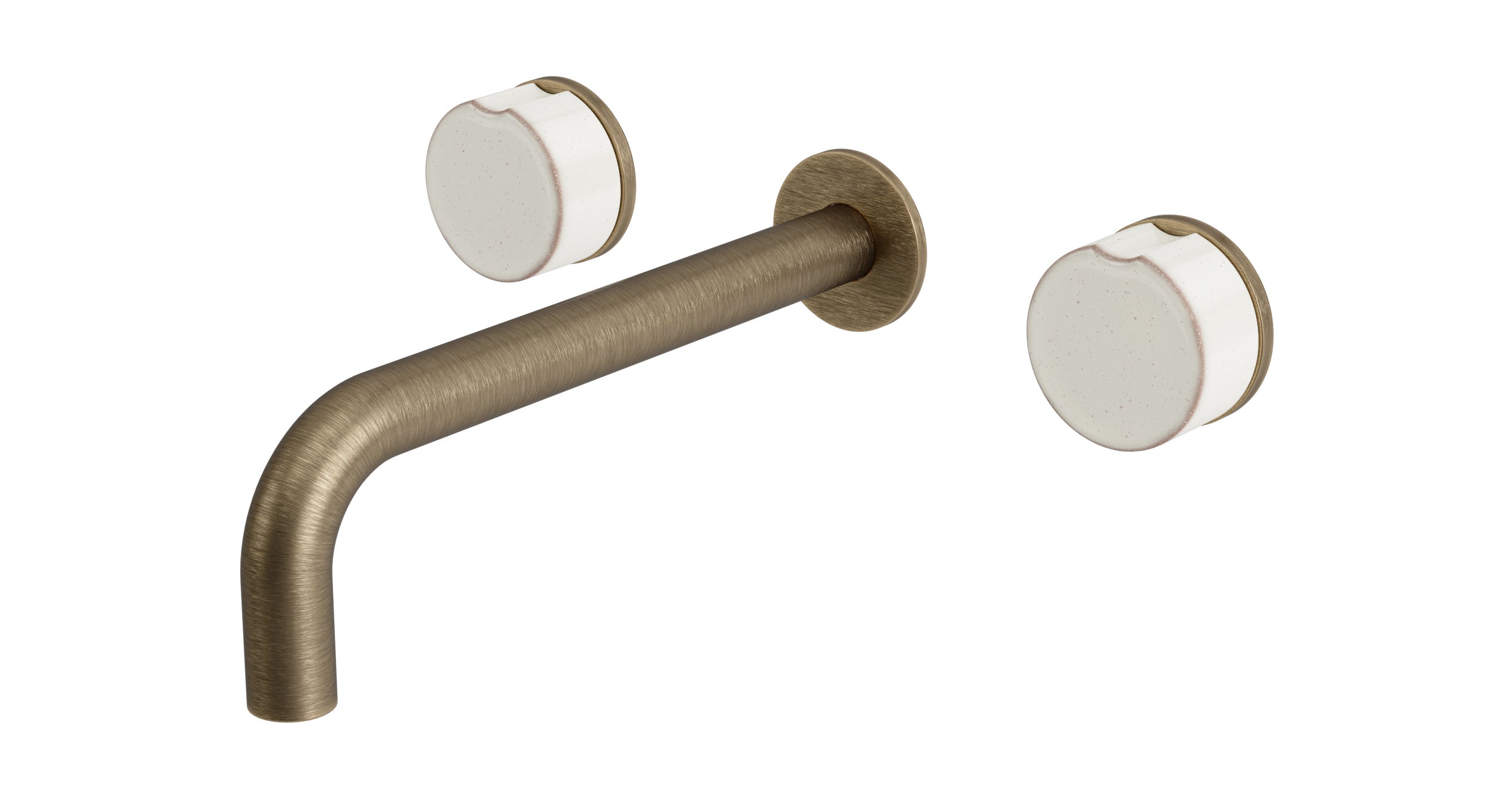 Foundry Two Handle Wall Mount 7.5" Lavatory Faucet with Groove Ceramic Knob Handles in Antique Brass