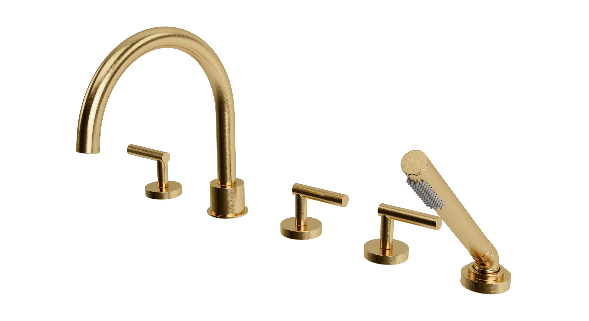 Contour Three Handle Deck Mount Gooseneck Bath Trim with Hand Shower and Soft Lever Handles in Satin Brass