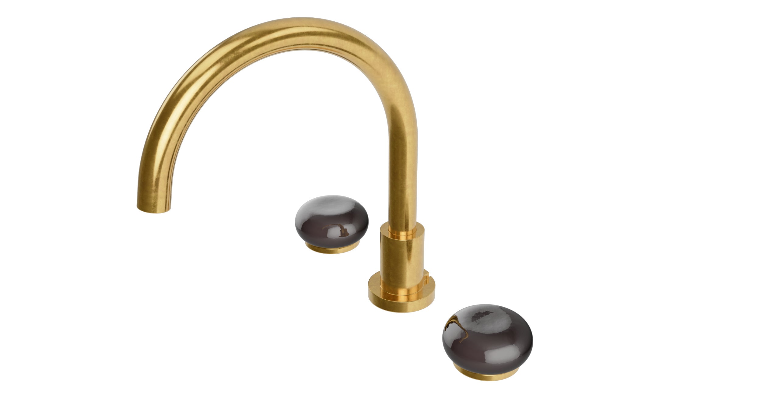 Foundry Two Handle Deck Mount Gooseneck Bath Trim with Pebble Ceramic Knob Handles in French Brass