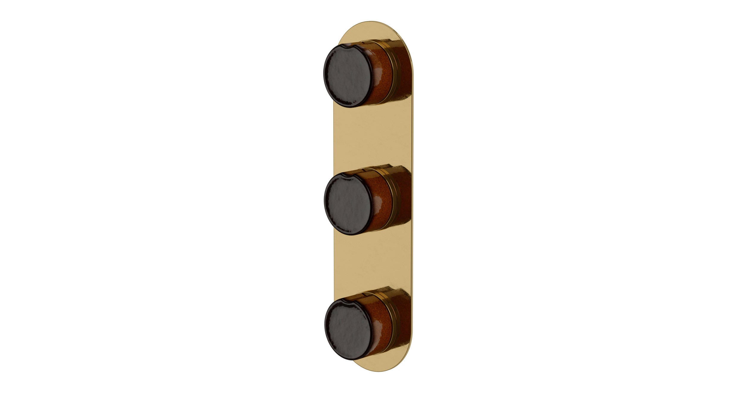 Foundry Three Handle Wall Mount Shower Trim with Groove Ceramic Knob Handles in Uncoated Polished Brass