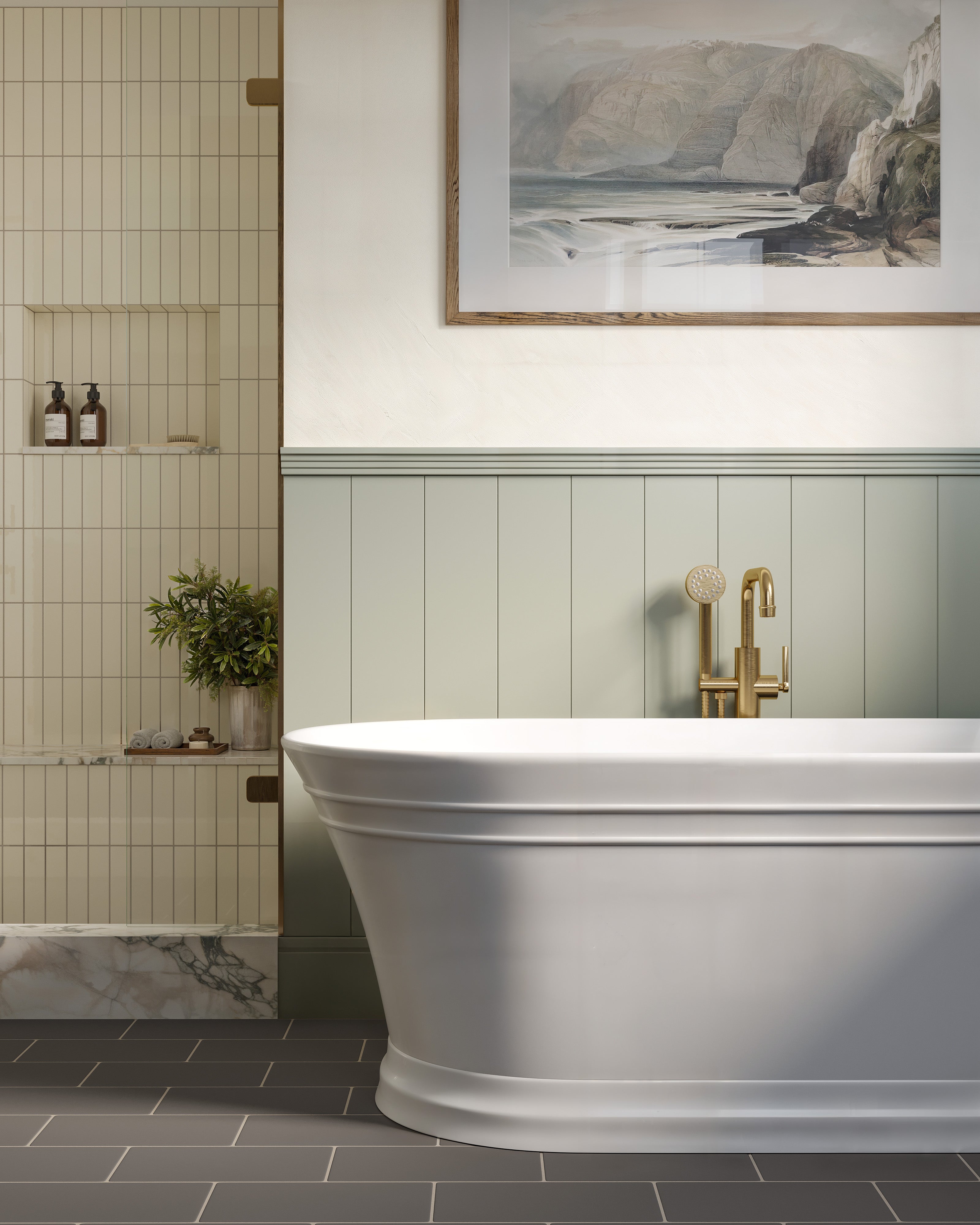 Emerson One Handle Floor Mount Squaretop Bath Trim with Hand Shower and Classic Cross Handle in Satin Brass