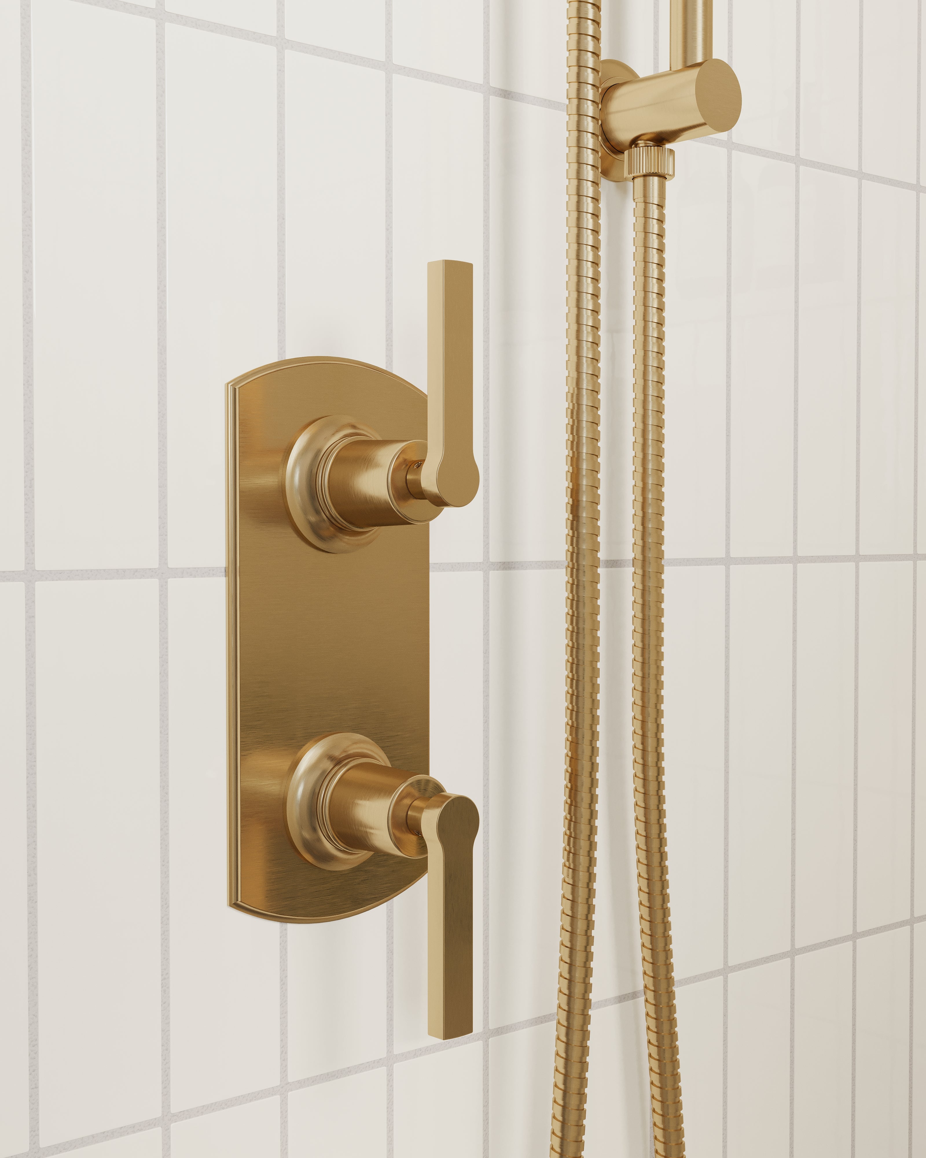Emerson Two Handle Wall Mount Shower Trim with Classic Lever Handles in Satin Brass