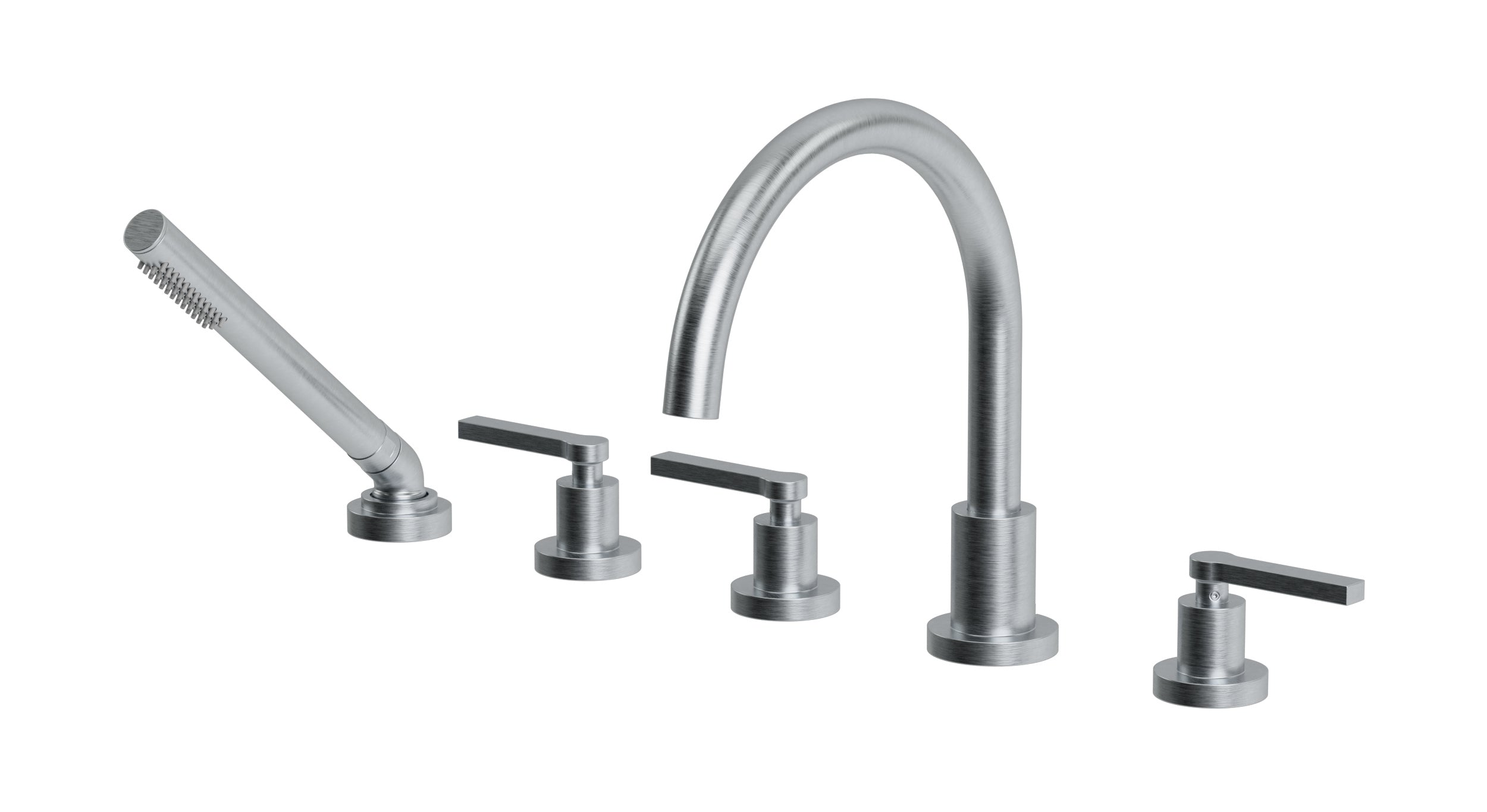 Flatiron Three Handle Deck Mount Gooseneck Bath Trim with Hand Shower and Linear Lever Handles in Satin Chrome