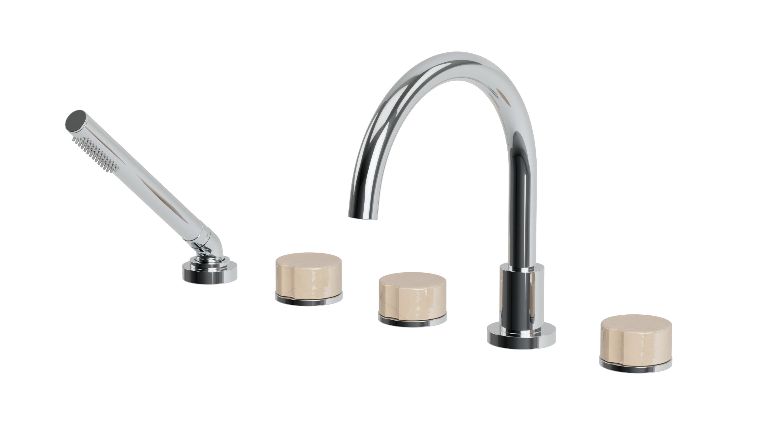 Foundry Three Handle Deck Mount Gooseneck Bath Trim with Hand Shower and Groove Ceramic Knob Handles in Polished Chrome