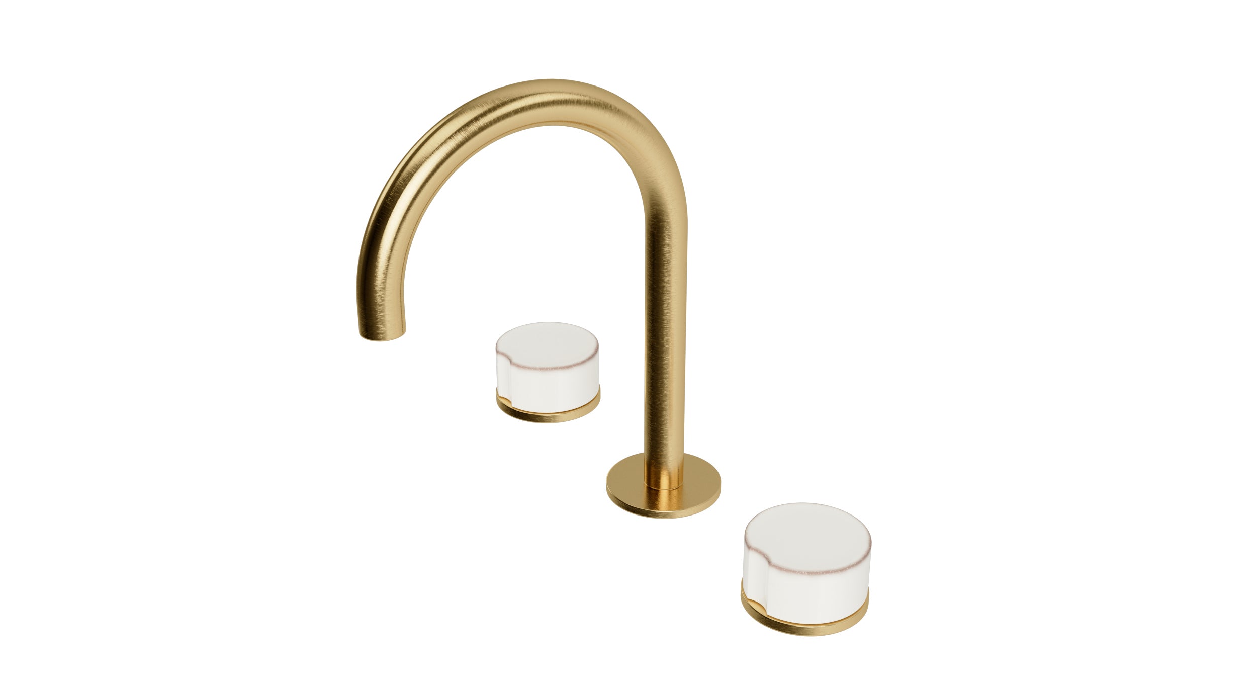 Foundry Two Handle Deck Mount Gooseneck Lavatory Faucet with Groove Ceramic Knob Handles in Satin Brass