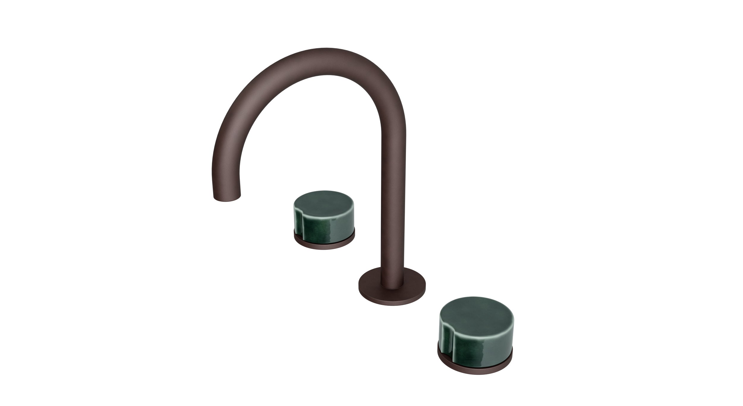 Foundry Two Handle Deck Mount Gooseneck Lavatory Faucet with Groove Ceramic Knob Handles in Architectural Copper