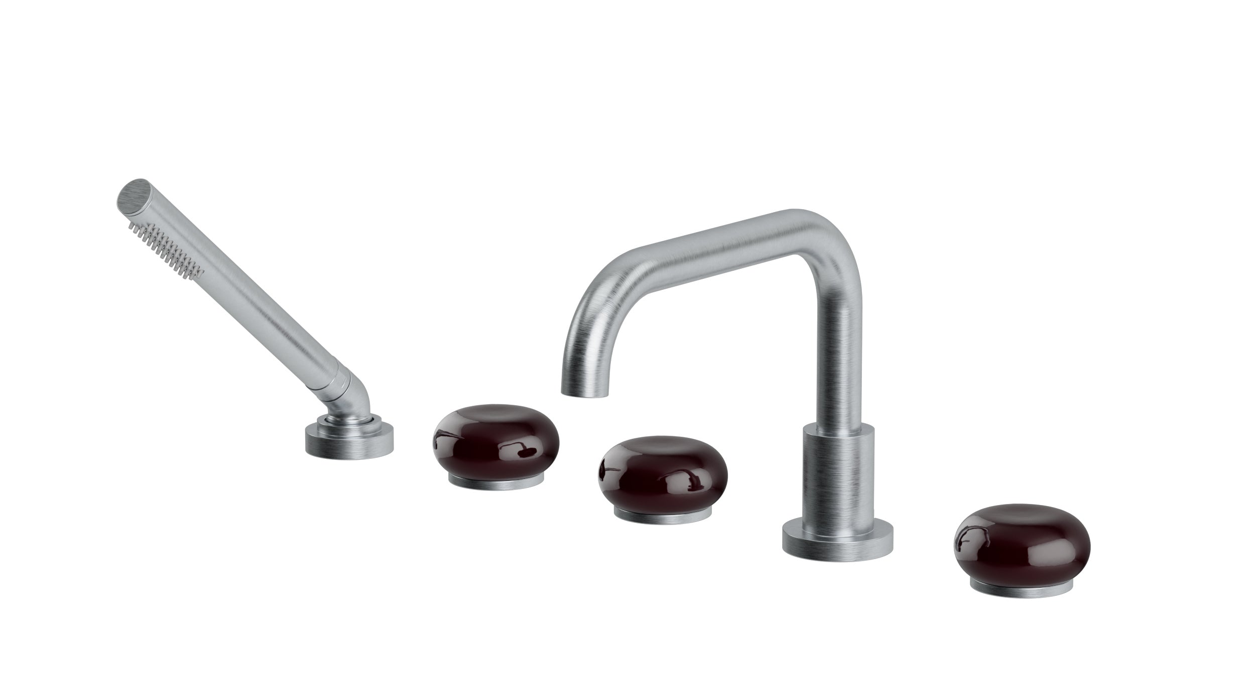 Foundry Three Handle Deck Mount Squaretop Bath Trim with Hand Shower and Pebble Ceramic Knob Handles in Satin Chrome