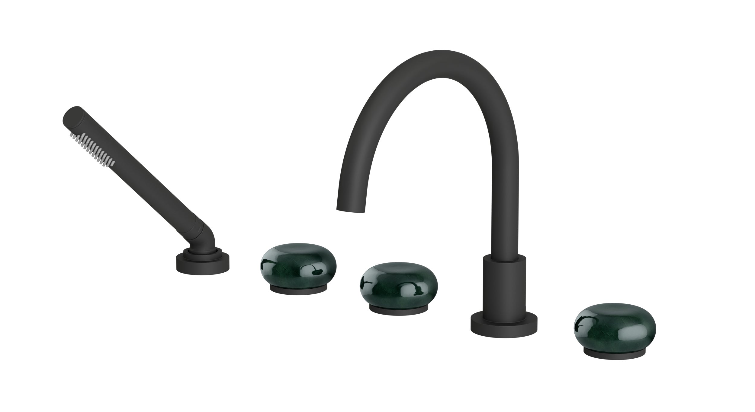 Foundry Three Handle Deck Mount Gooseneck Bath Trim with Hand Shower and Pebble Ceramic Knob Handles in Matte Black