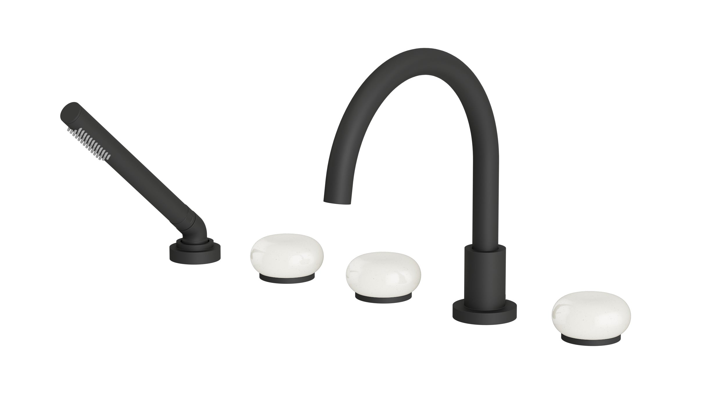 Foundry Three Handle Deck Mount Gooseneck Bath Trim with Hand Shower and Pebble Ceramic Knob Handles in Matte Black