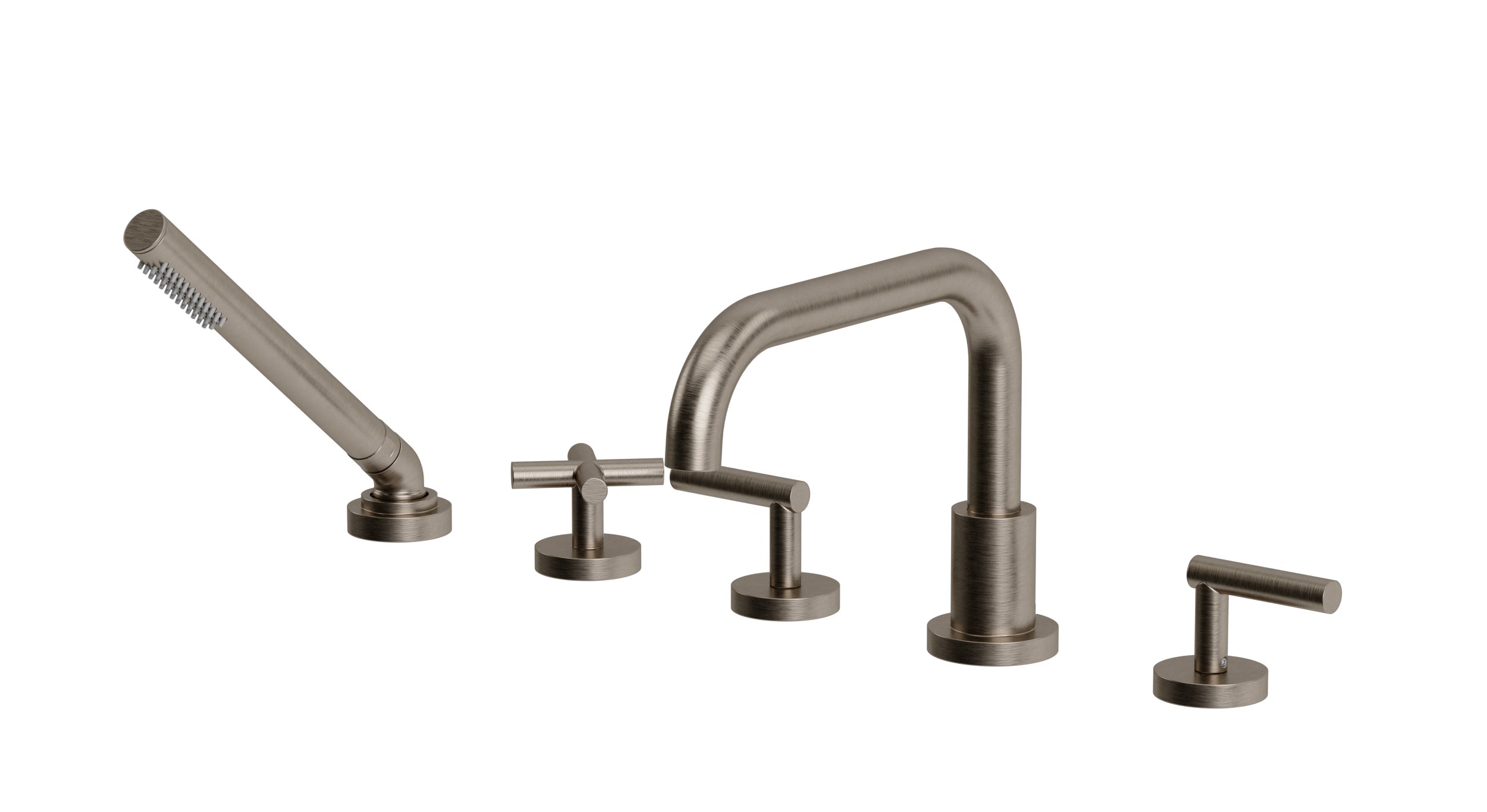 Contour Three Handle Deck Mount Squaretop Bath Trim with Hand Shower and Soft Cross/Soft Lever Handles in Antique Nickel