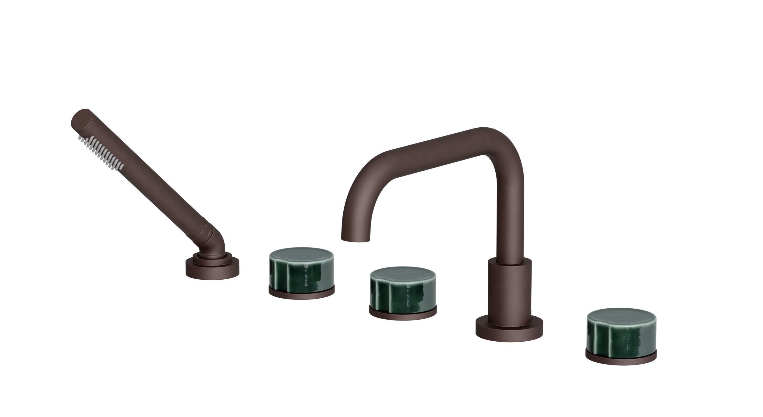 Foundry Three Handle Deck Mount Squaretop Bath Trim with Hand Shower and Groove Ceramic Knob Handles in Architectural Copper