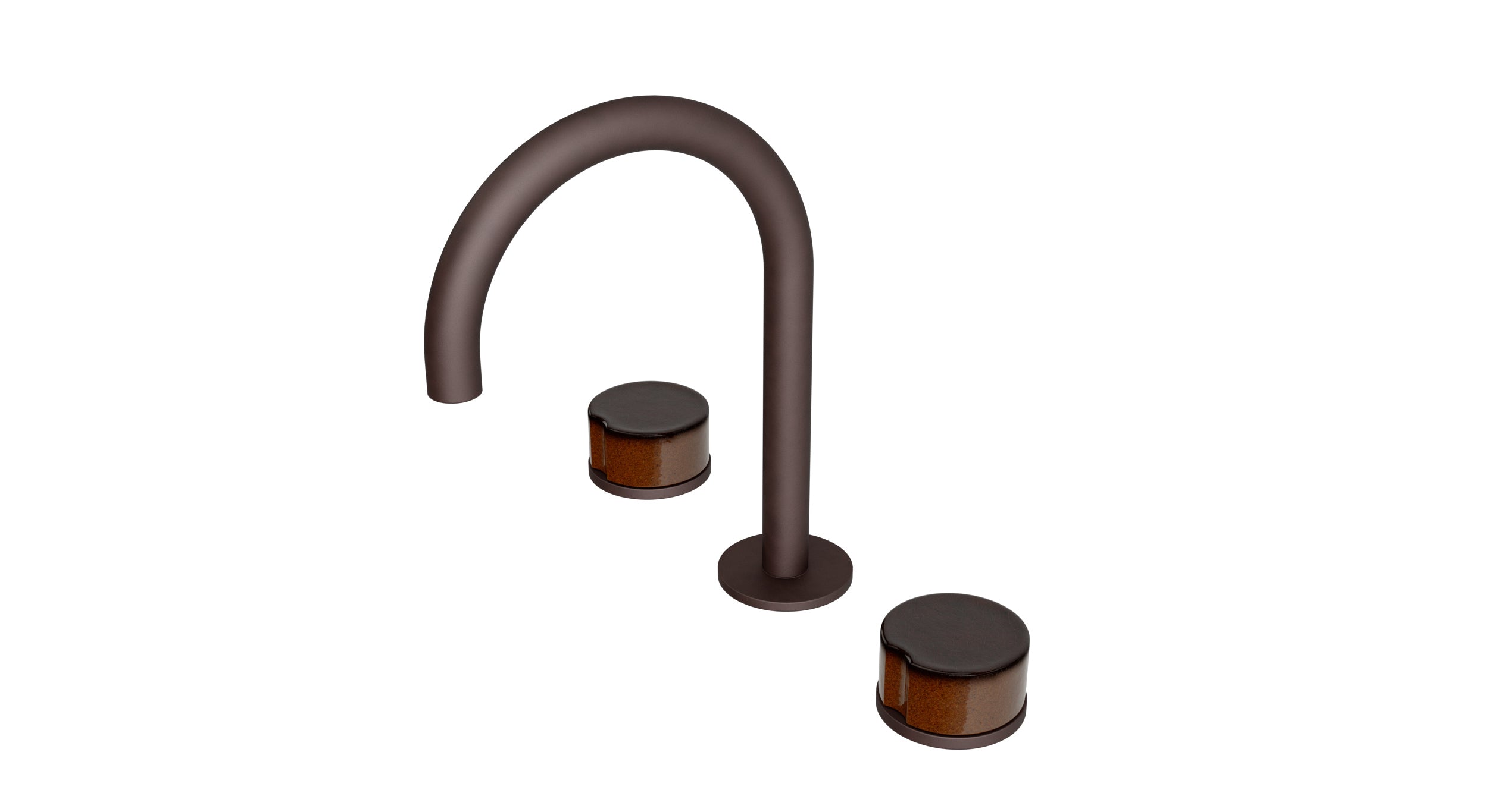 Foundry Two Handle Deck Mount Gooseneck Lavatory Faucet with Groove Ceramic Knob Handles in Architectural Copper