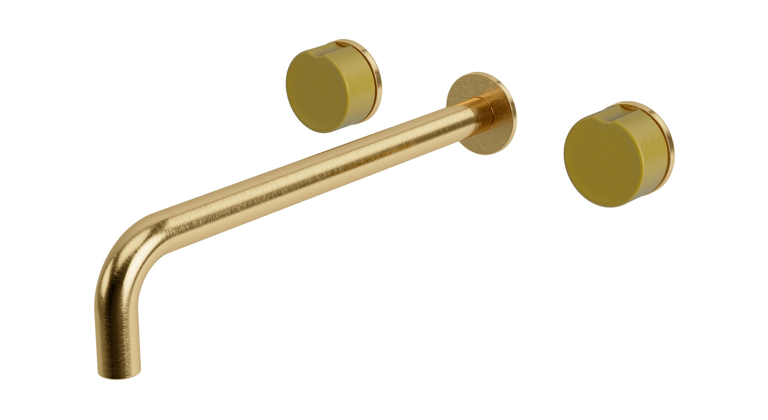 Foundry Two Handle Wall Mount 12" Lavatory Faucet with Groove Ceramic Knob Handles in Satin Brass