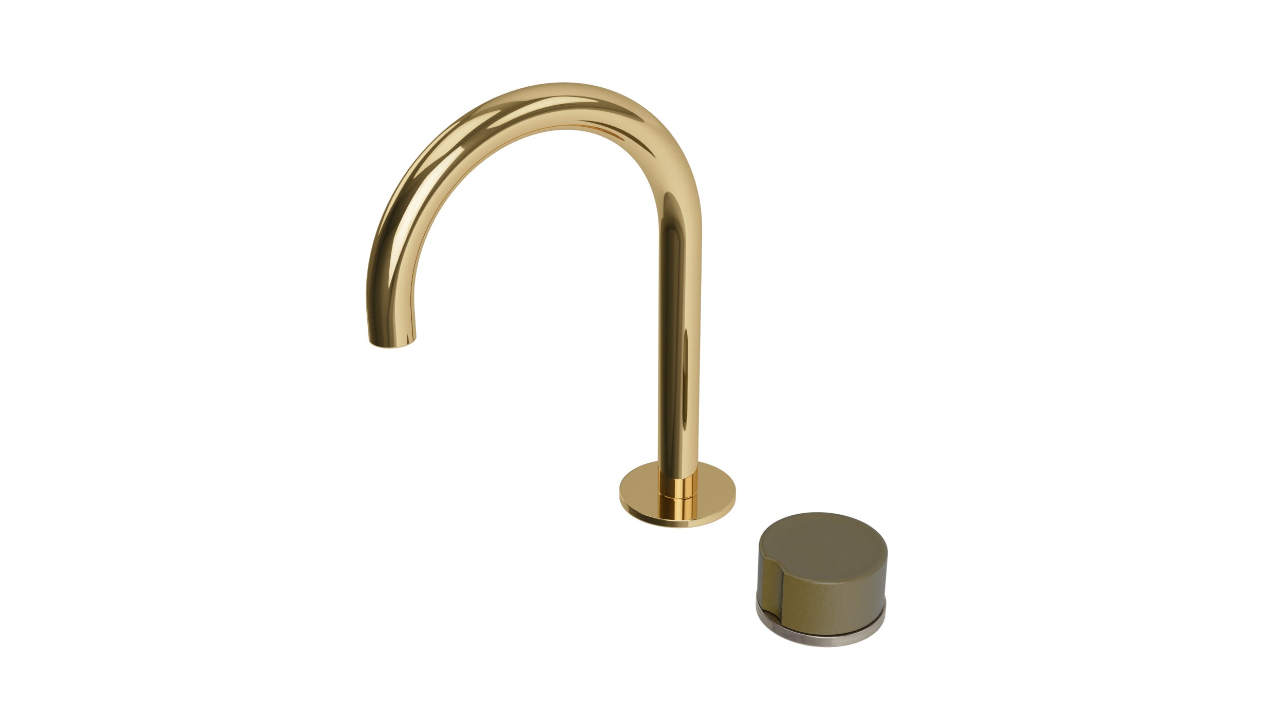 Foundry One Handle Deck Mount Gooseneck Lavatory Faucet with Groove Ceramic Knob Handle in Polished Brass
