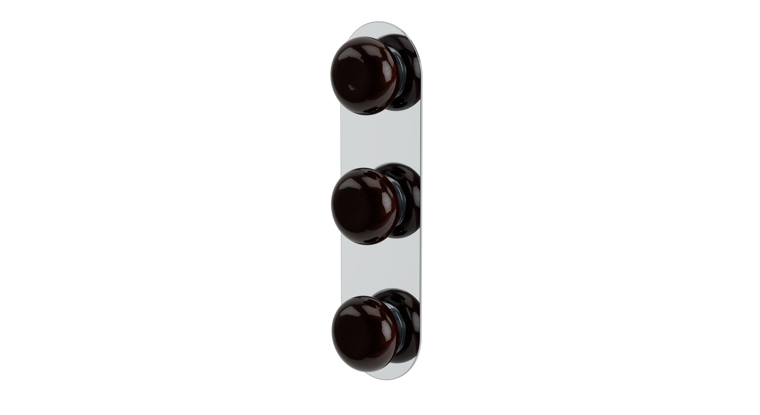Foundry Three Handle Wall Mount Shower Trim with Pebble Ceramic Knob Handles in Polished Chrome