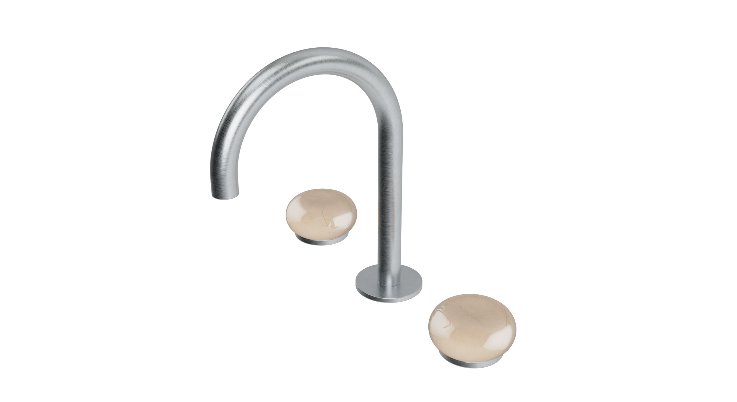 Foundry Two Handle Deck Mount Gooseneck Lavatory Faucet with Pebble Ceramic Knob Handles in Satin Chrome