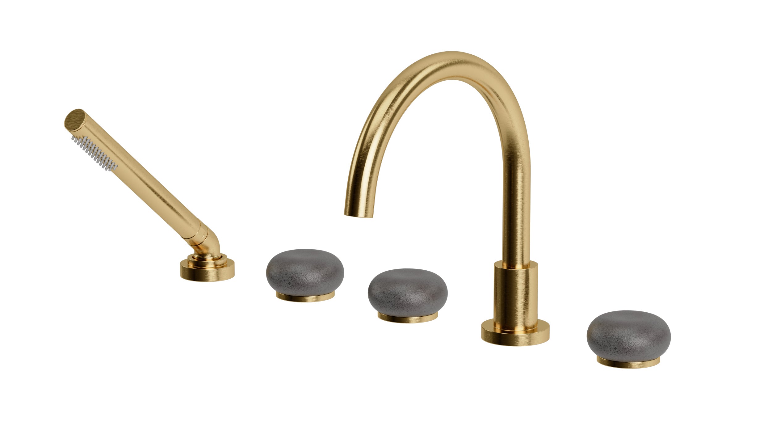 Foundry Three Handle Deck Mount Gooseneck Bath Trim with Hand Shower and Pebble Ceramic Knob Handles in Satin Brass
