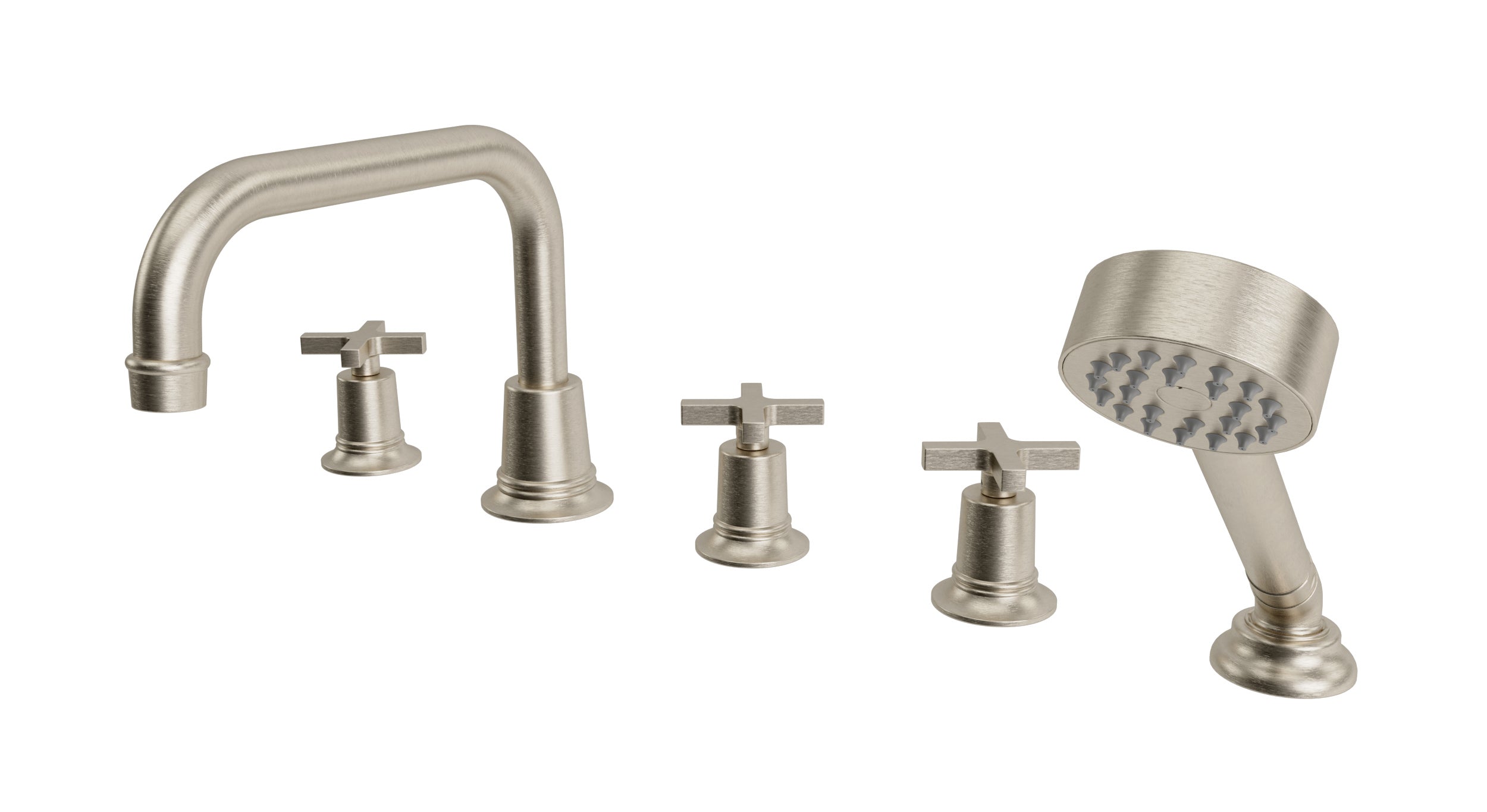 Emerson Three Handle Deck Mount Squaretop Bath Trim with Hand Shower and Classic Cross Handles in Satin Nickel