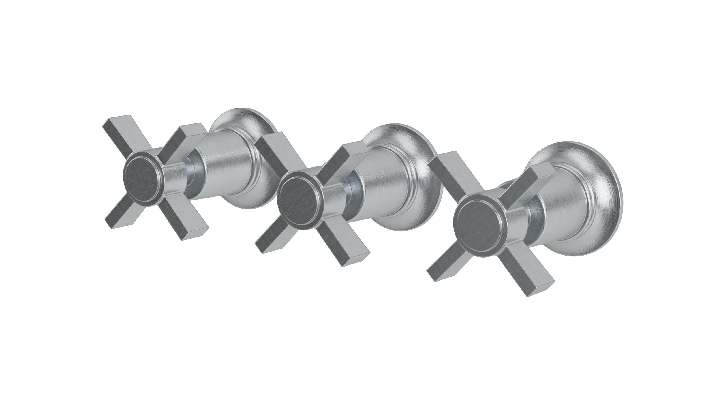 Emerson Three Handle Wall Mount Bath Trim with Diverter/Volume Control and Defined Cross Handles in Satin Chrome
