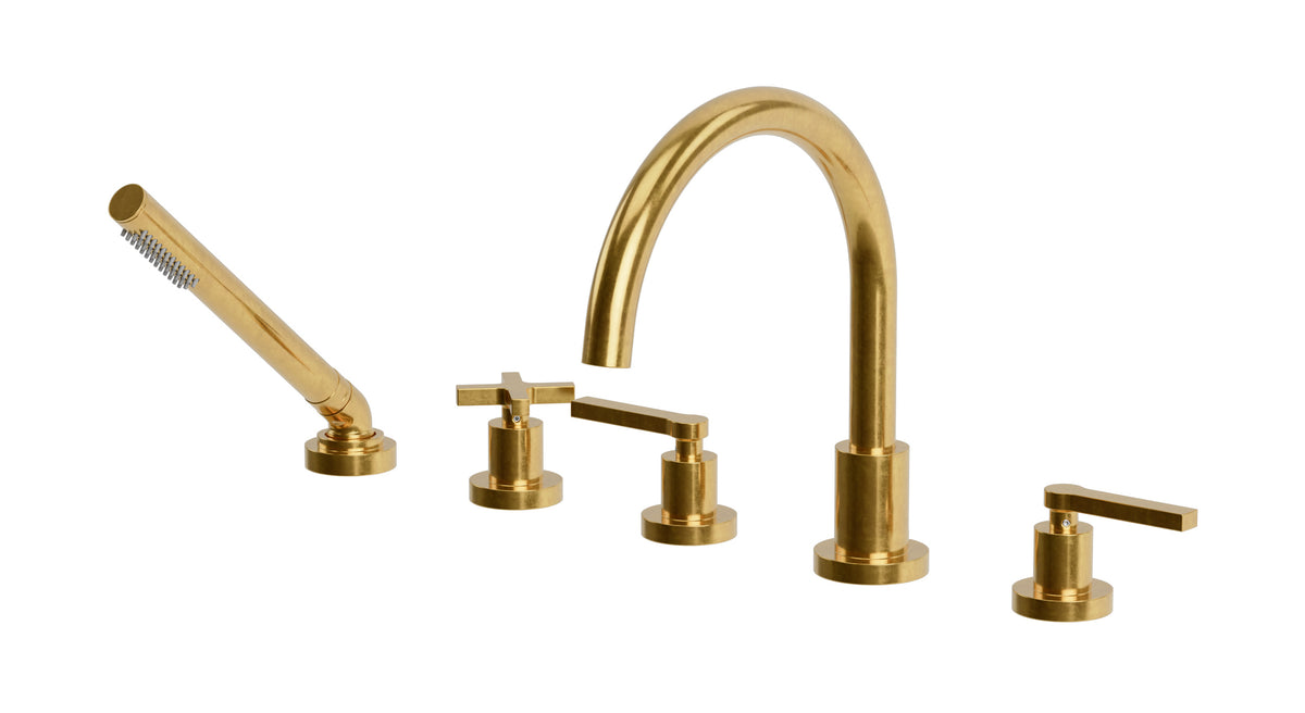 Flatiron Three Handle Deck Mount Gooseneck Bath Trim with Hand Shower and Linear Cross/Linear Lever Handles in French Brass
