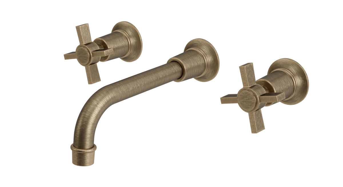 Emerson Two Handle Wall Mount 8.25" Lavatory Faucet with Defined Cross Handles in Antique Brass