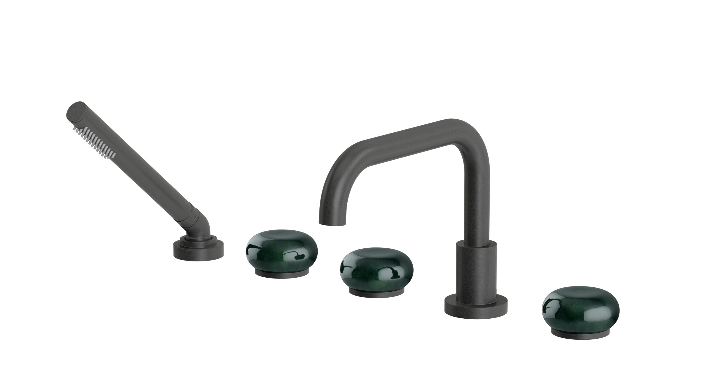 Foundry Three Handle Deck Mount Squaretop Bath Trim with Hand Shower and Pebble Ceramic Knob Handles in Blackened Nickel