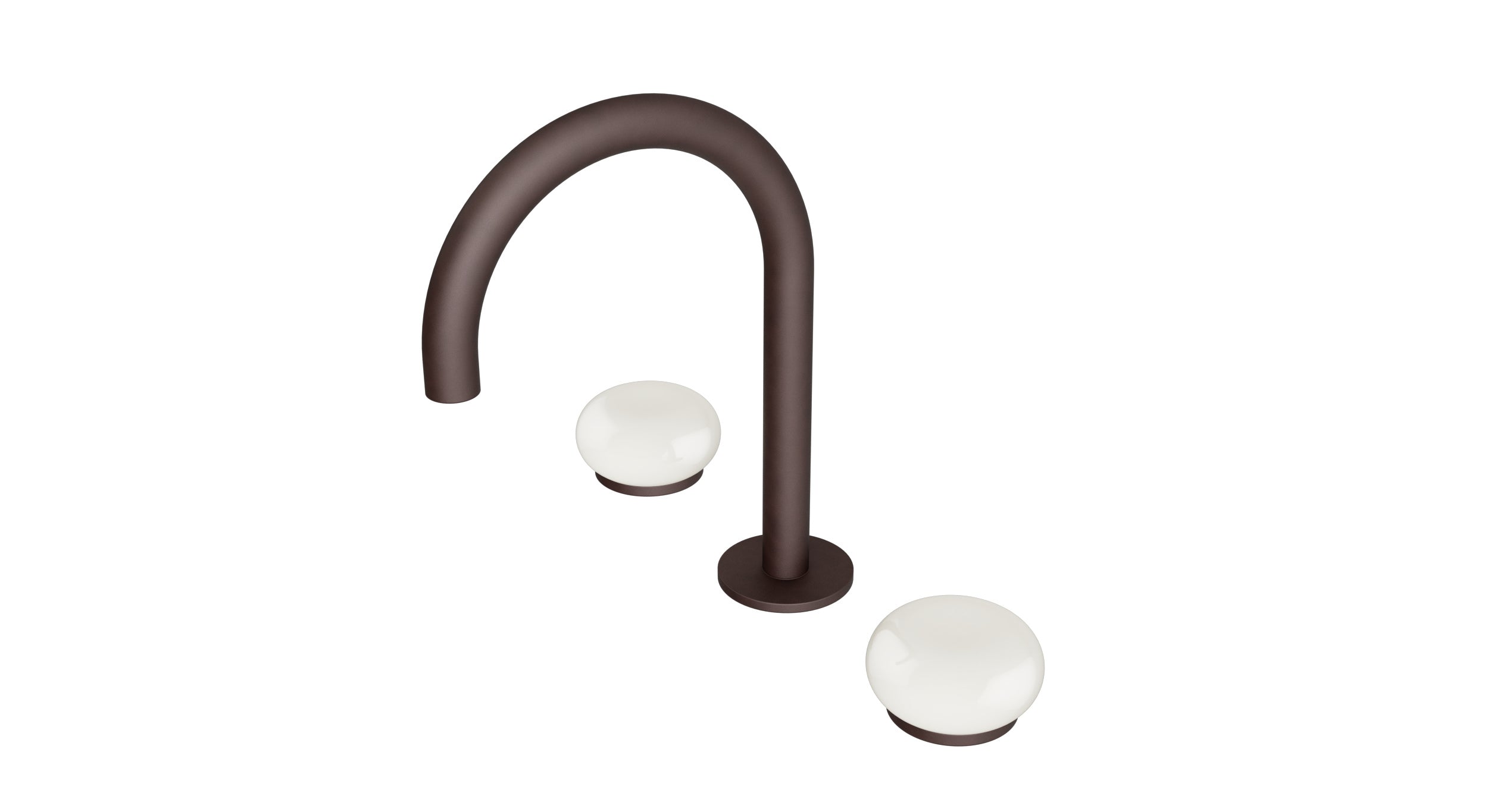 Foundry Two Handle Deck Mount Gooseneck Lavatory Faucet with Pebble Ceramic Knob Handles in Architectural Copper