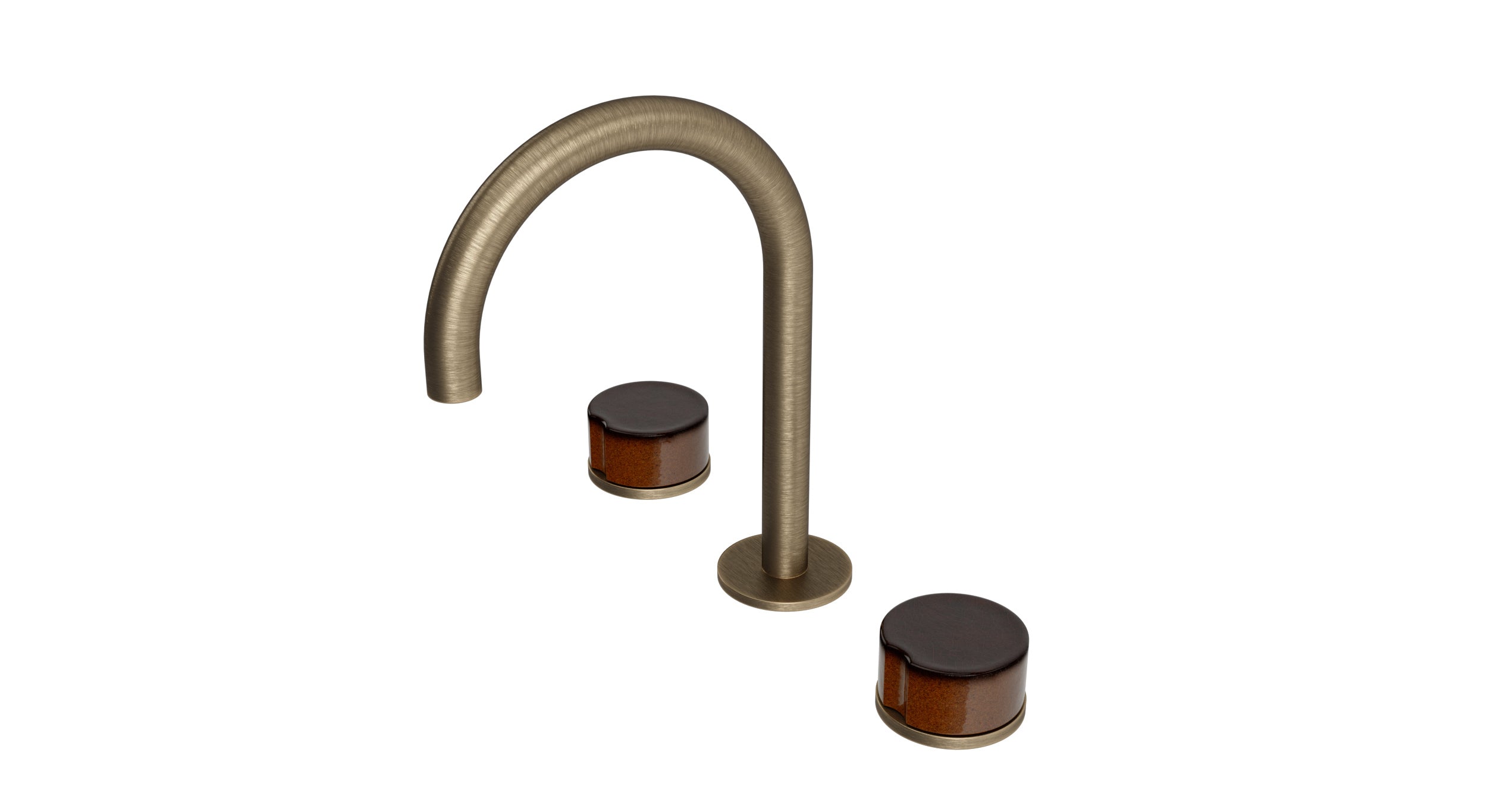 Foundry Two Handle Deck Mount Gooseneck Lavatory Faucet with Groove Ceramic Knob Handles in Antique Brass